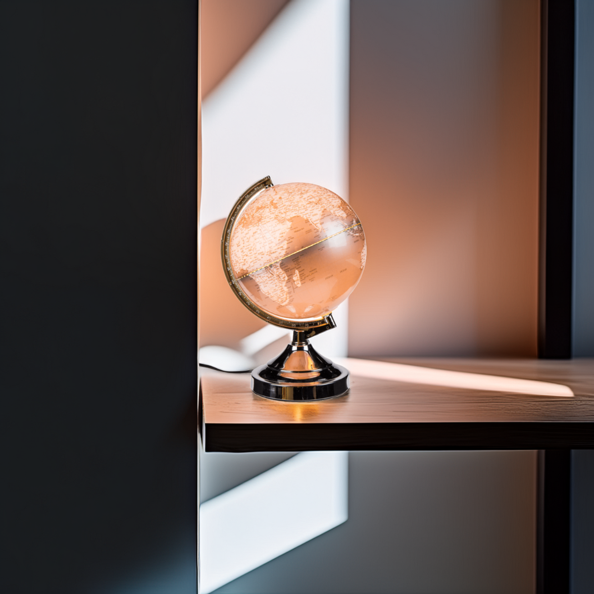 Een verlichte globe staat op een houten plank, met schaduwen. De globe is van glas en metaal, met wereldkaarten.
