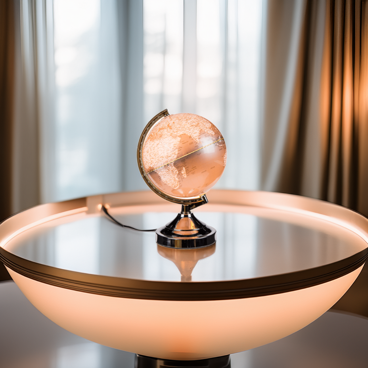 Een verlichte wereldbol staat op een tafel met een oplichtende rand. Gordijnen op de achtergrond. Het licht van de bol verlicht de kamer.