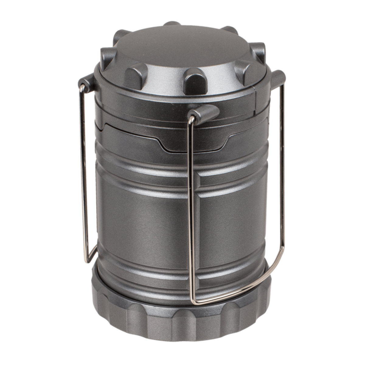 A gray lantern with a silver handle stands against a white background. The lantern has a cylindrical shape with a textured design.