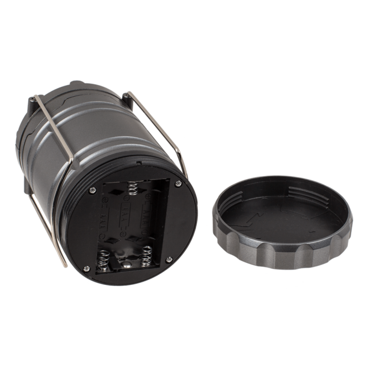 A black camping lantern with its battery compartment open. The lid is next to it. The lantern has a metal handle.