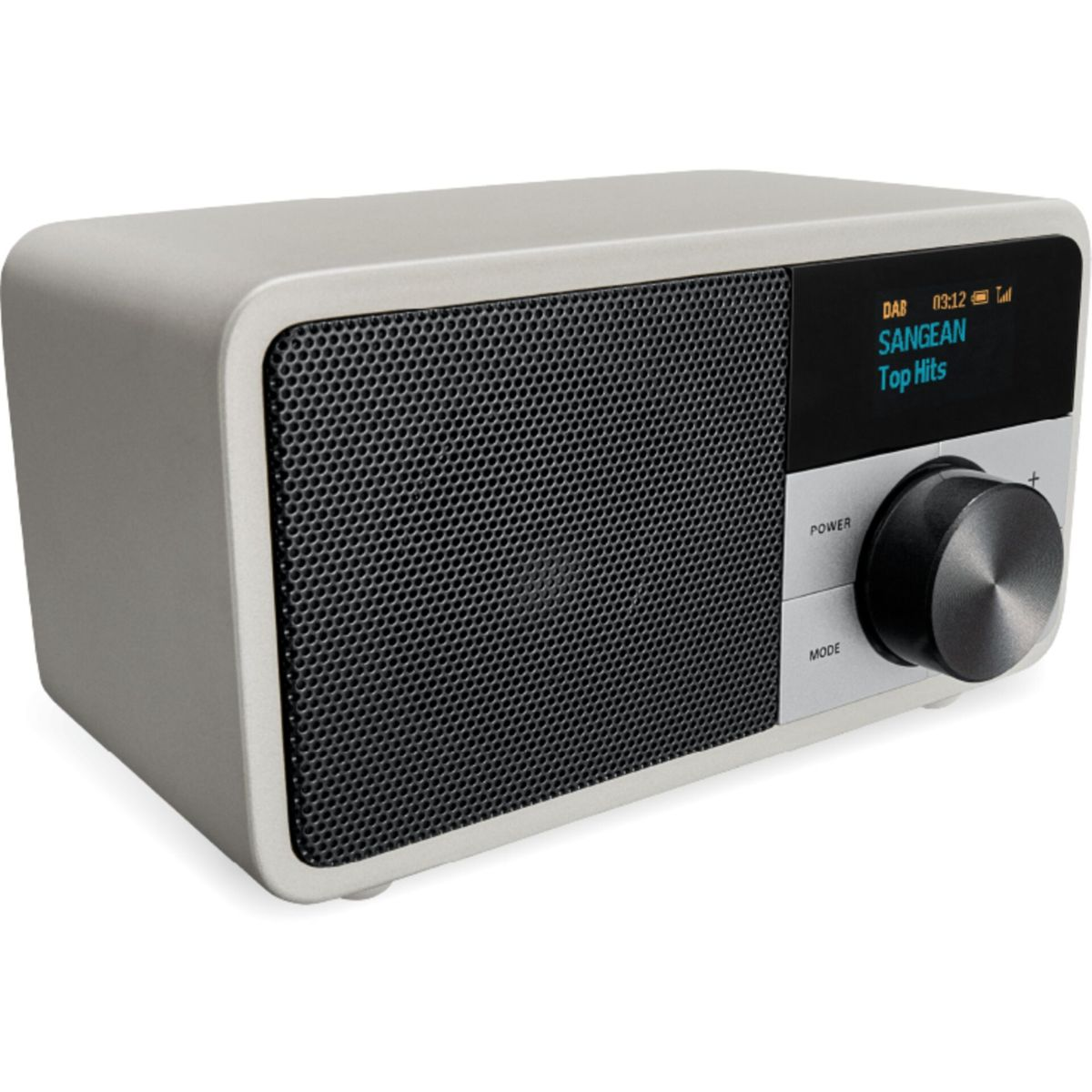 Une radio grise avec une grille de haut-parleur noire, un écran affichant 'SANGEAN Top Hits' et un gros bouton.