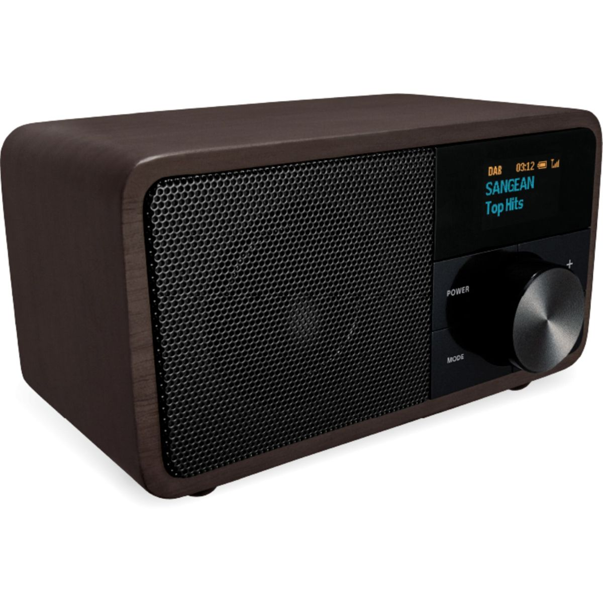 A brown wooden radio with a black speaker grill and a screen displaying 'SANGEAN Top Hits'.
