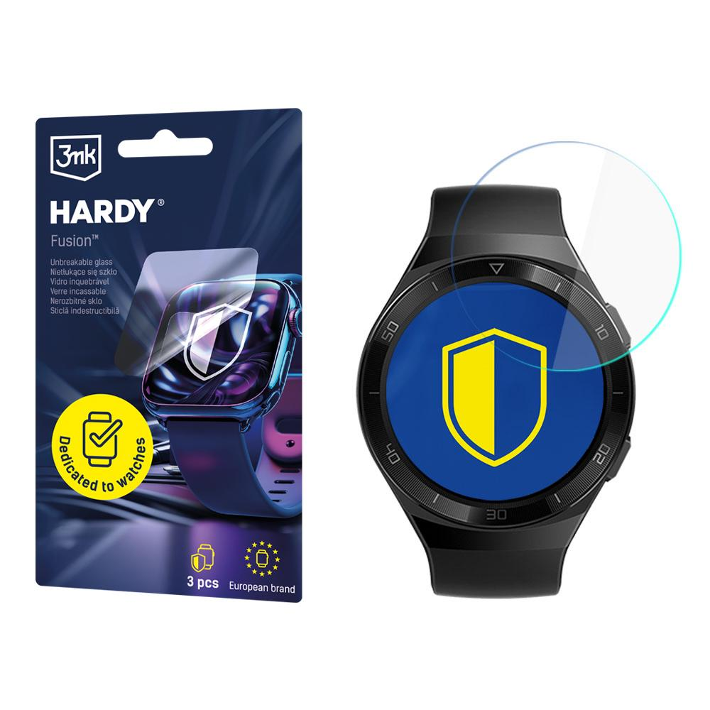 Smartwatch z ochraniaczem ekranu i opakowaniem. Ochraniacz jest okrągły, a tarcza zegarka wyświetla żółtą tarczę.