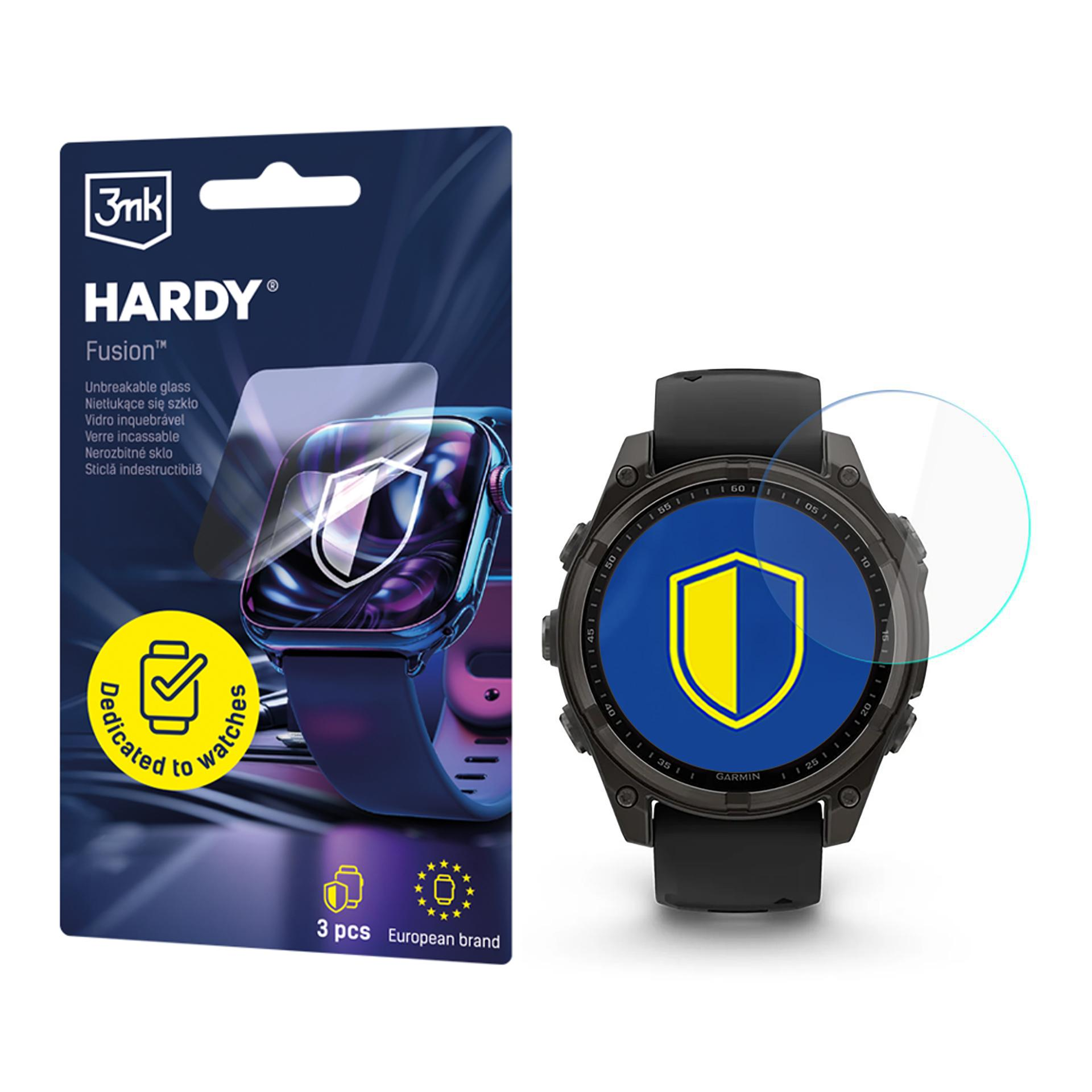 Ochraniacz ekranu zegarka obok zegarka Garmin. Ochraniacz znajduje się na pudełku z tekstem i obrazem zegarka.
