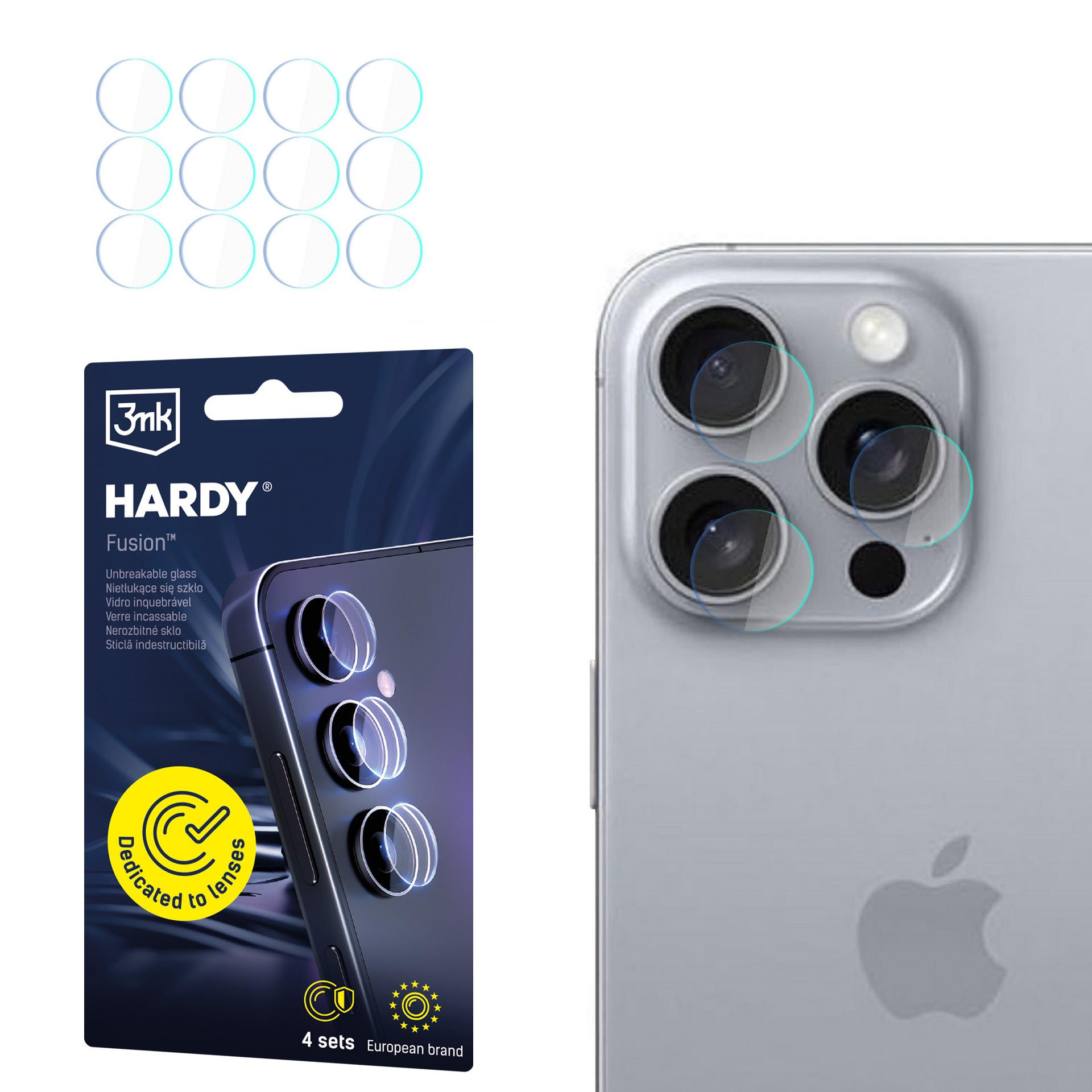 Obraz przedstawia osłony na obiektywy telefonów, opakowanie produktu i telefon. Na opakowaniu widnieje napis 'HARDY Fusion' i 'Dedicated to lenses'.