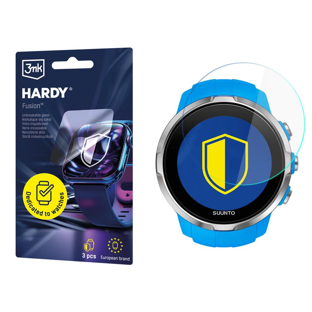 Ochraniacz ekranu zegarka obok niebieskiego zegarka Suunto. Na opakowaniu ochraniacza napisano 'HARDY Fusion' i 'Nietłukące się szkło'.