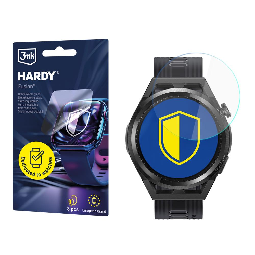 Smartwatch z ochraniaczem ekranu i jego opakowaniem. Ochraniacz ma wzór tarczy. Opakowanie zawiera listę funkcji.