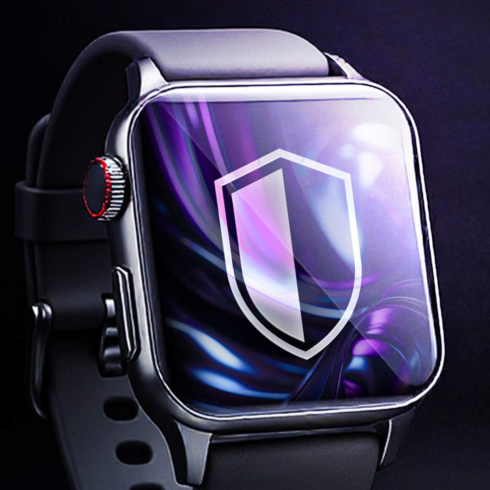 Smartwatch wyświetla ikonę tarczy. Zegarek jest czarny ze srebrną ramką. Ekran ma fioletowe i białe gradienty.