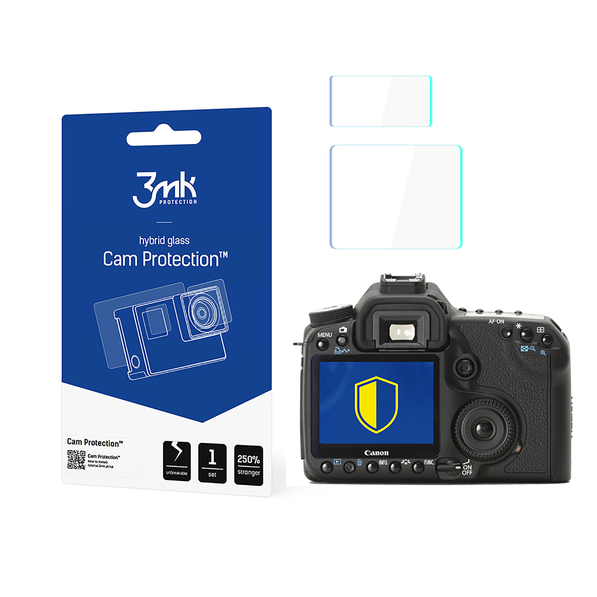 Una fotocamera con una confezione di protezione dello schermo e due protezioni. La fotocamera ha uno schermo con il logo Canon.