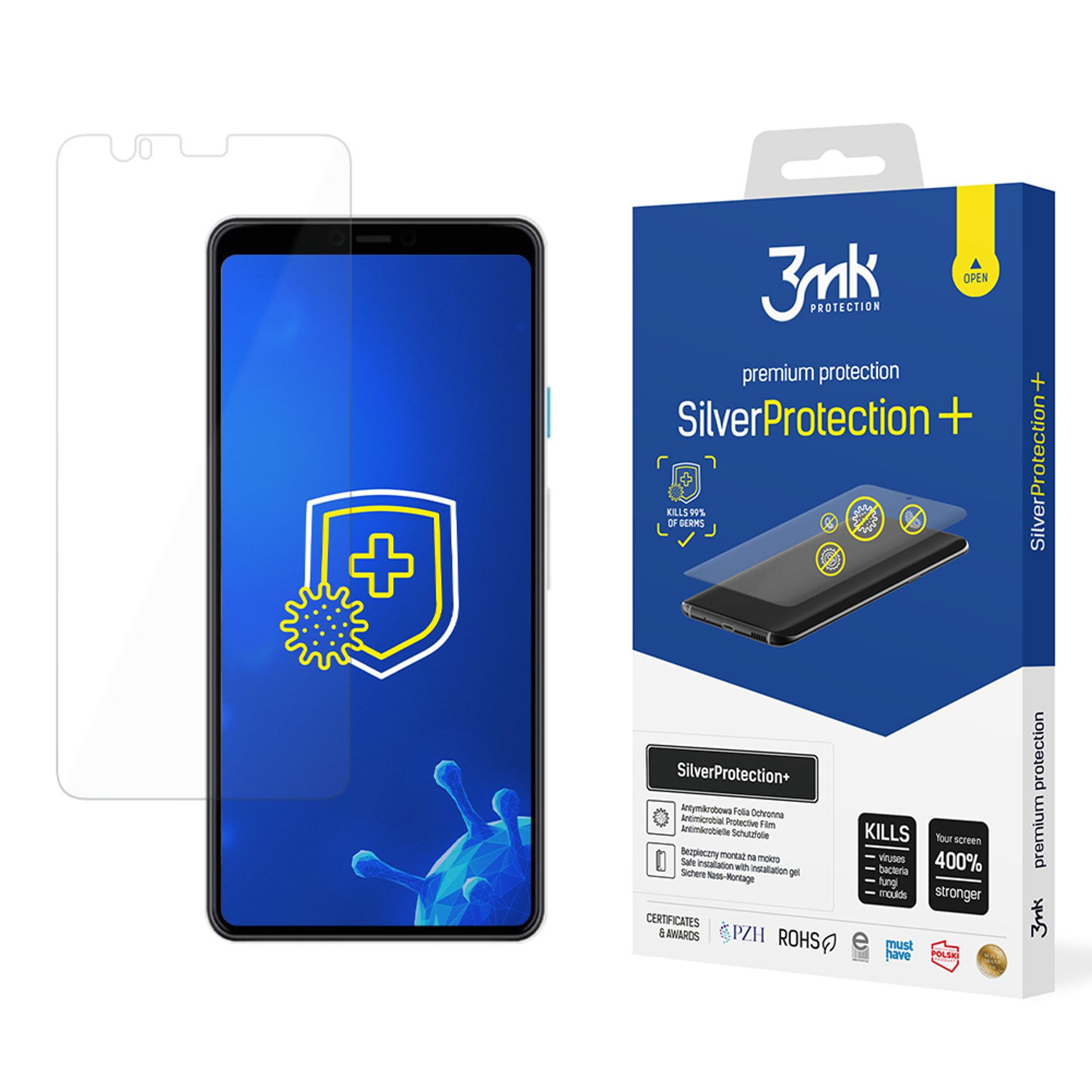 Un proteggi schermo per telefono e una scatola. La scatola dice Silver Protection+ e 3mk. Il telefono mostra uno schermo blu.