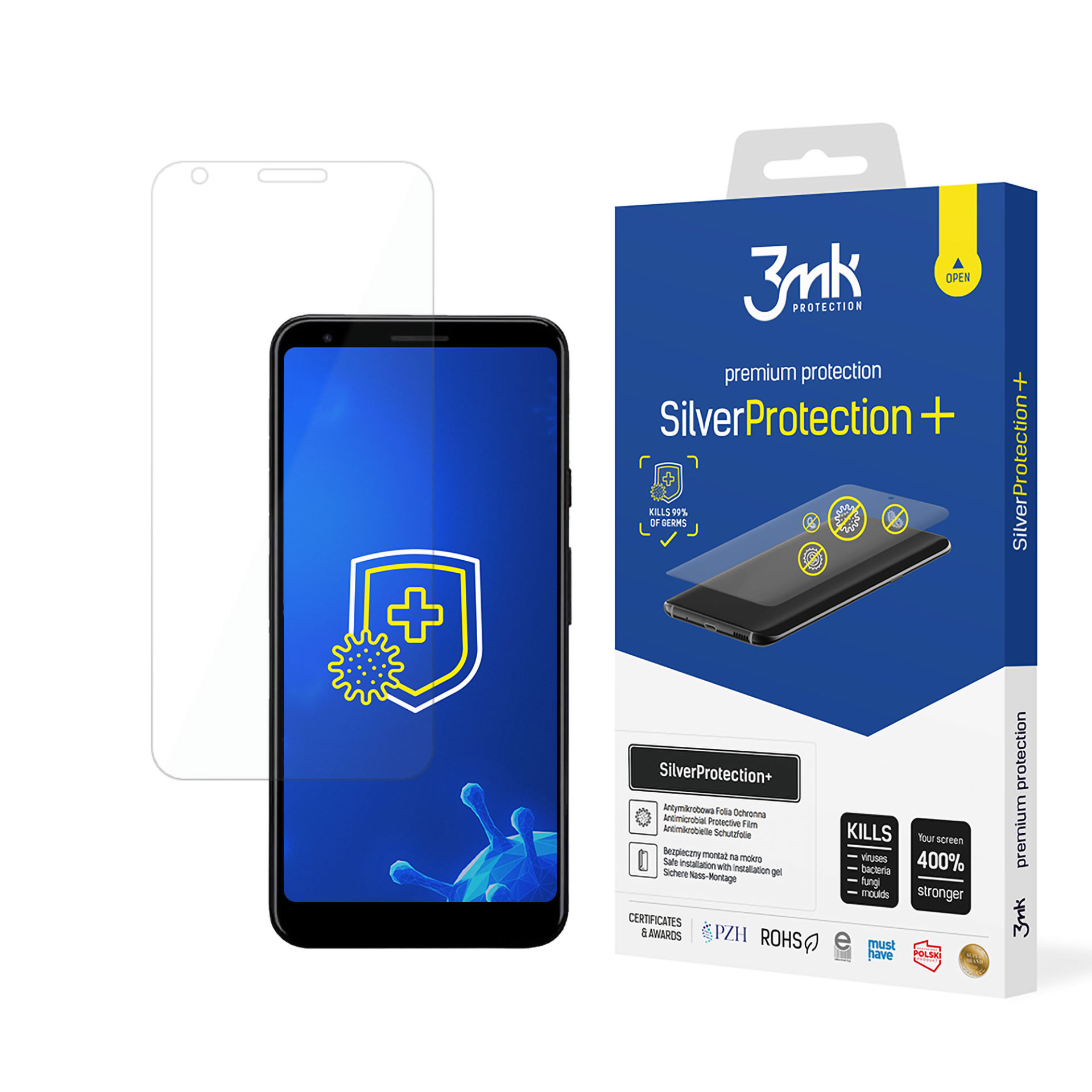 Una scatola di protezione dello schermo del telefono con un telefono e una protezione dello schermo davanti. Dice SilverProtection+ e uccide i germi.