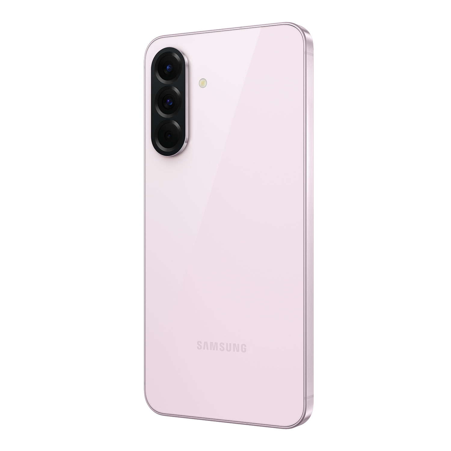 Wyświetlany jest jasnoróżowy smartfon z trzema aparatami. Widoczne jest logo Samsunga. Tło jest białe.