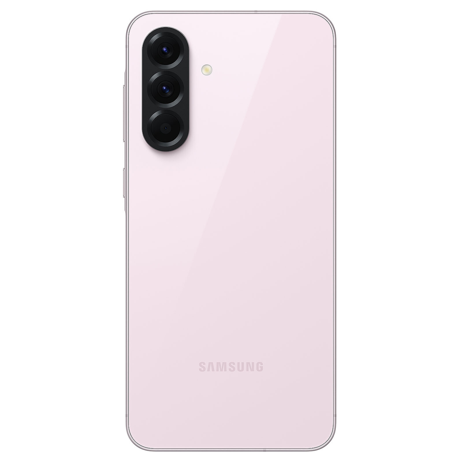 Różowy tył smartfona z potrójnym aparatem i lampą błyskową. Logo Samsung na dole.