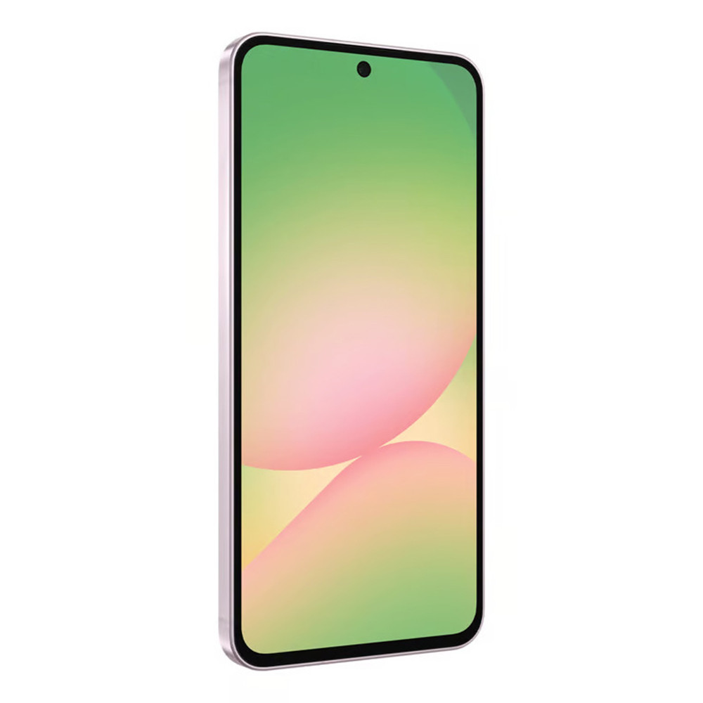 Smartfon z gradientowym ekranem, zielonym u góry i różowym na dole. Telefon ma czarną kropkę u góry.