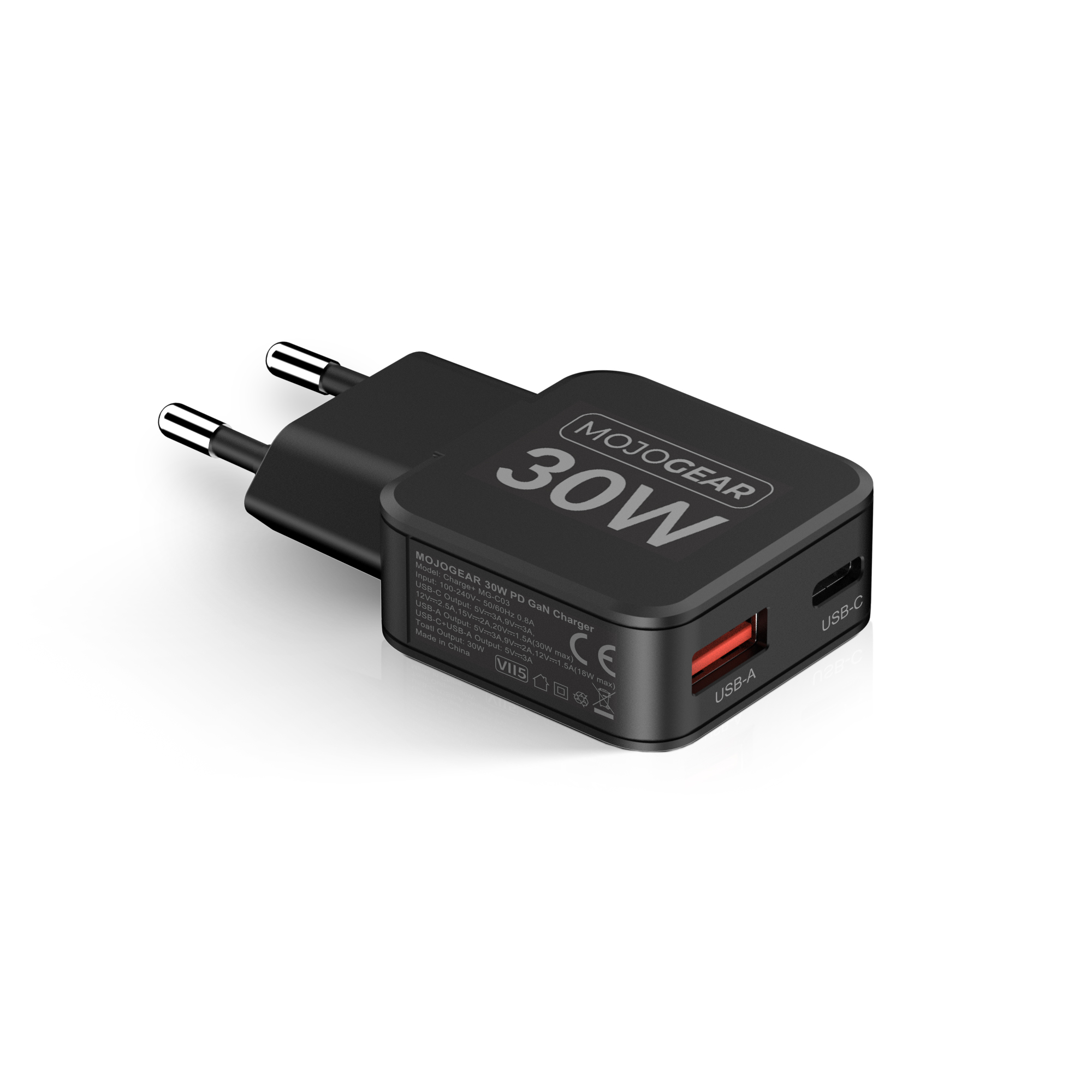 Ein schwarzes MojoGear 30W PD GaN-Ladegerät mit USB-A- und USB-C-Anschlüssen und einem zweipoligen Stecker auf weißem Hintergrund.