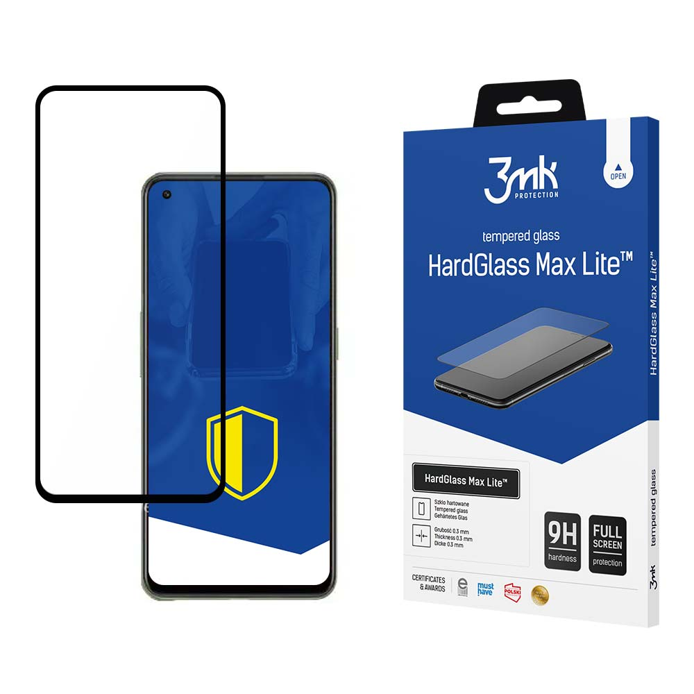 Viene mostrato un proteggi schermo e la sua scatola. La scatola dice 'HardGlass Max Lite' e include i dettagli del prodotto.
