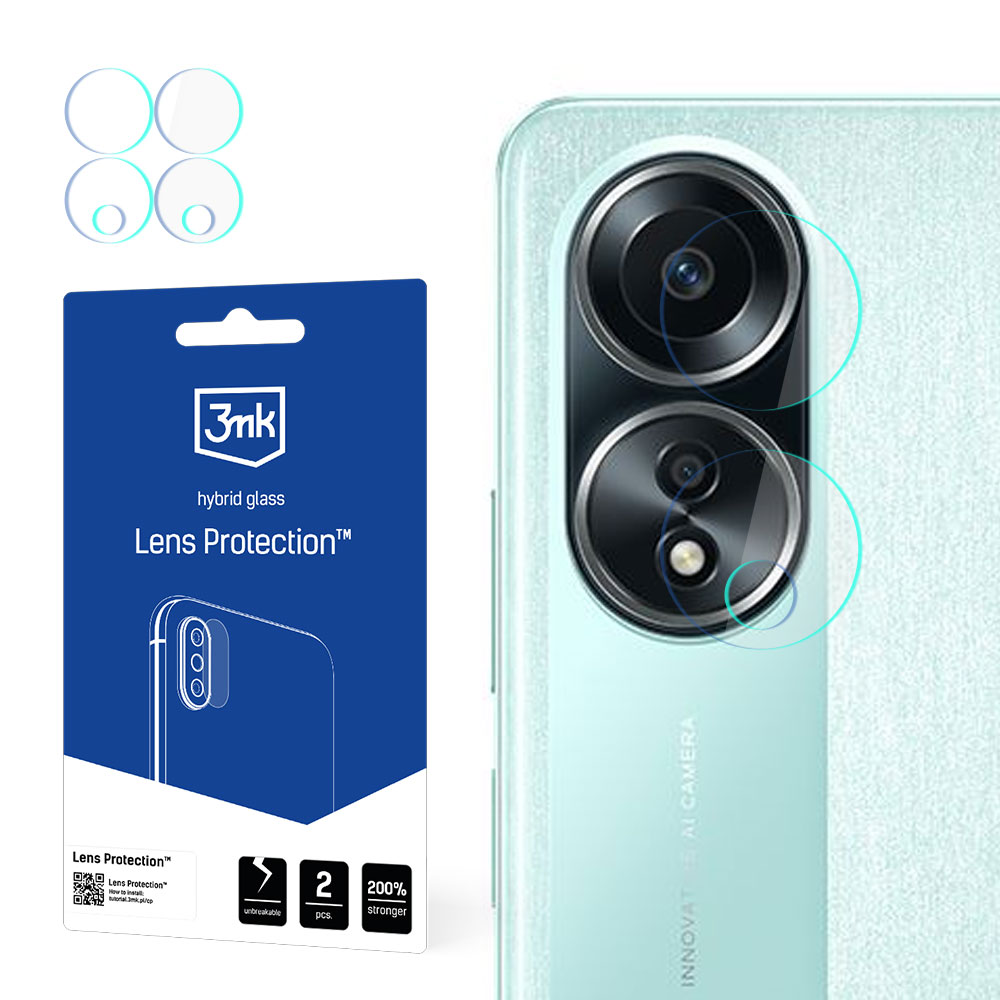 Un telefono con protezioni per lenti della fotocamera. Un pacchetto blu con testo 'Lens Protection' è a sinistra. Il telefono è a destra.