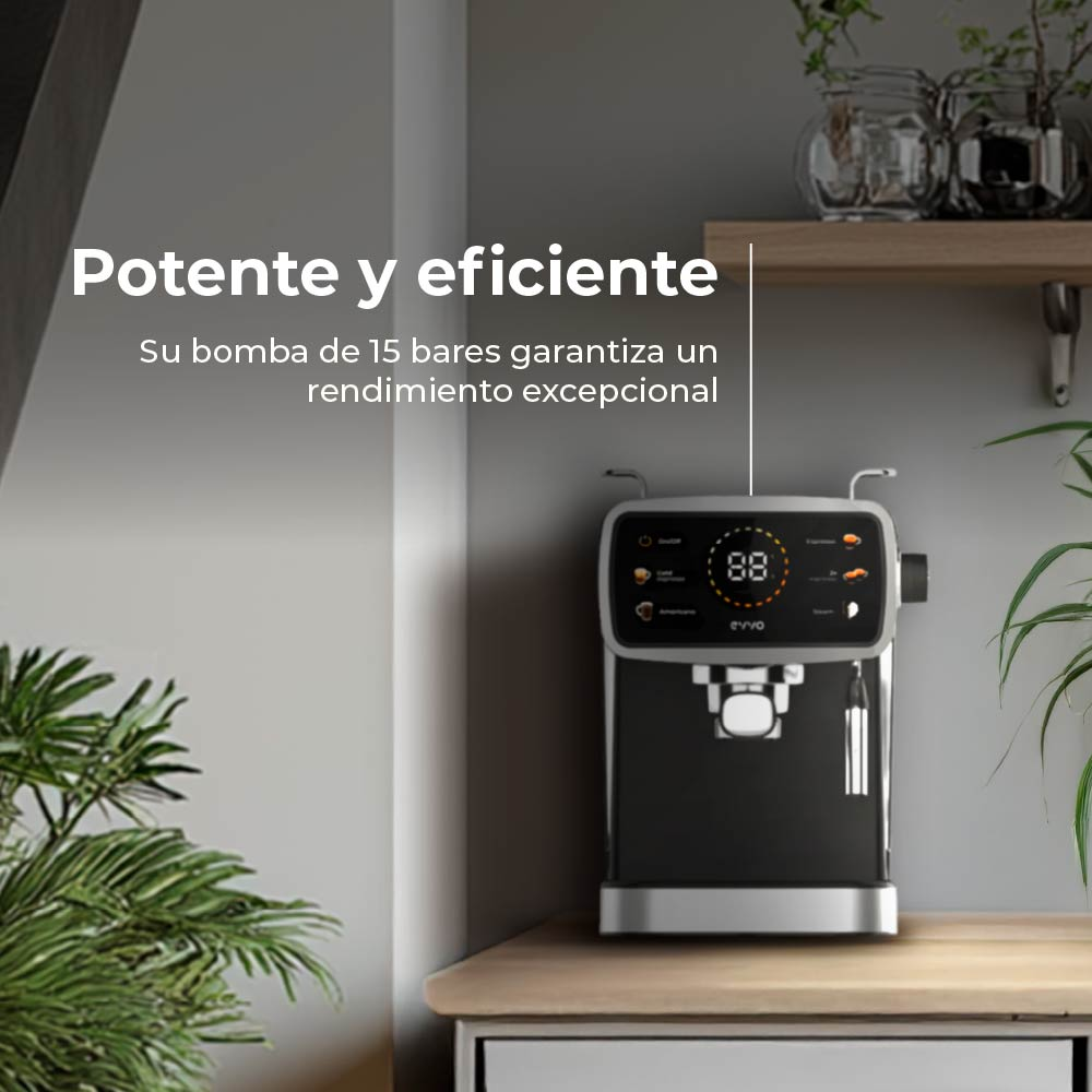 Una moderna máquina de espresso negra y plateada está sobre una encimera de madera. El texto de arriba dice 'Potente y eficiente'.