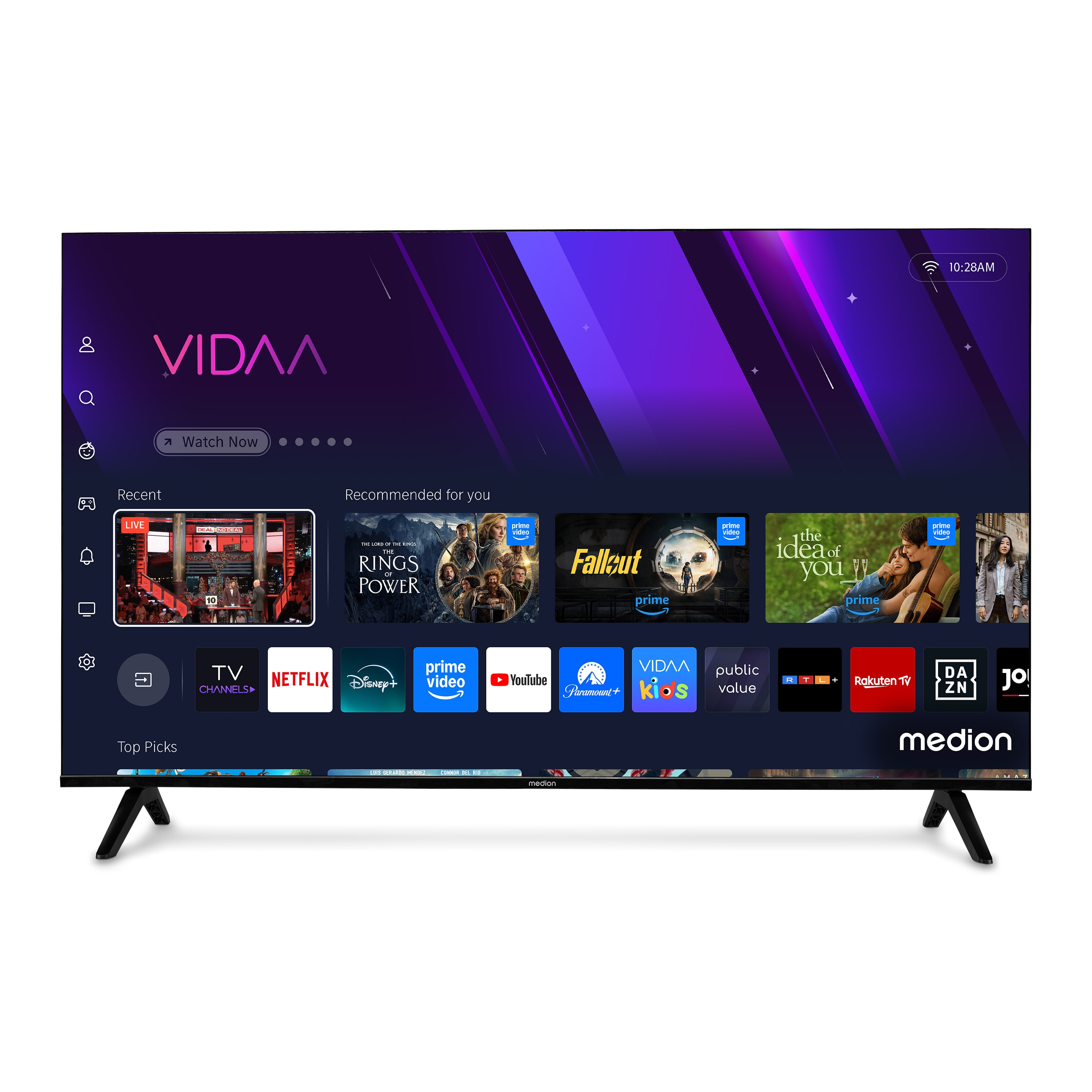 Een zwarte tv toont de VIDAA-interface met verschillende app-iconen, waaronder Netflix, YouTube en streaming content.