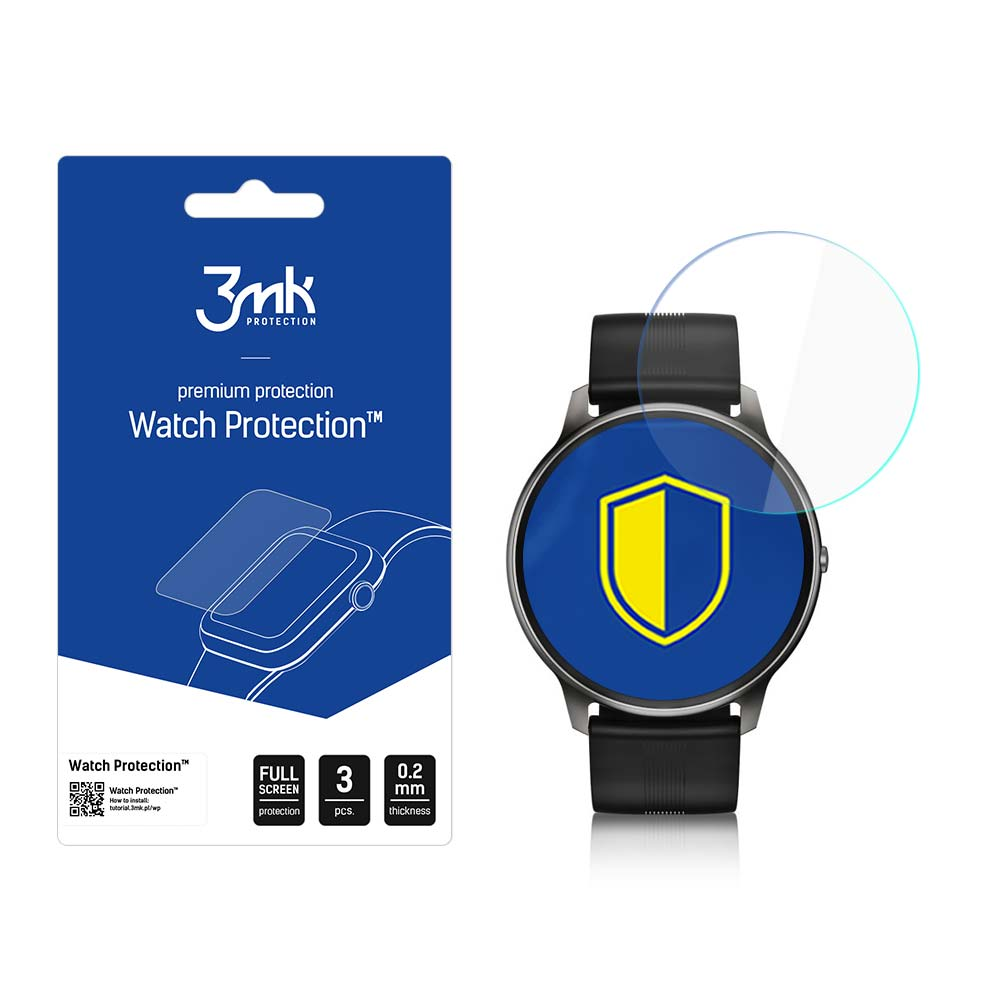 Un orologio e una confezione di protezione dello schermo sono esposti. L'orologio ha un quadrante blu con uno scudo giallo. La confezione mostra l'orologio.