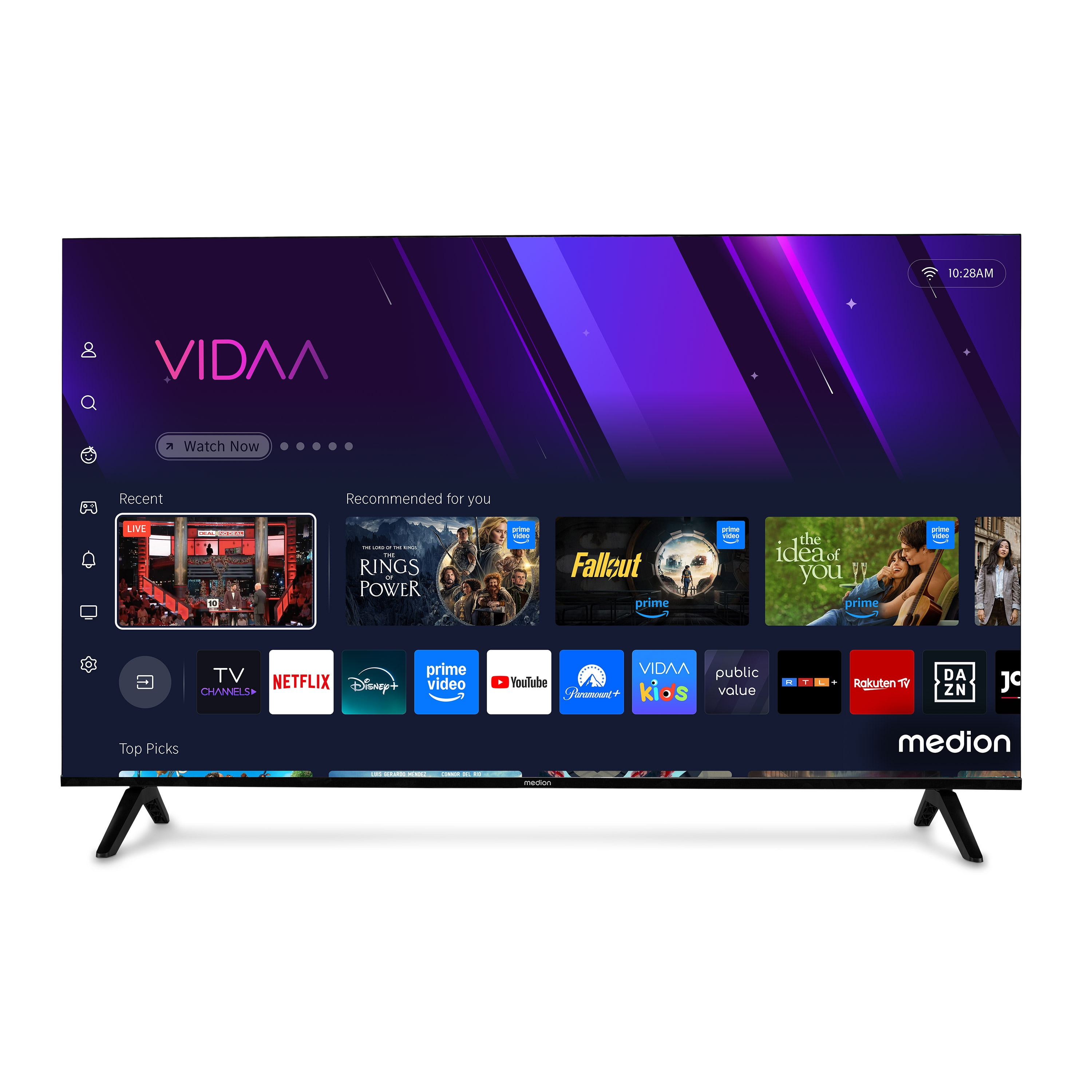 Een tv-scherm toont een VIDAA-interface. Het toont app-pictogrammen zoals Netflix, YouTube en Amazon Prime Video.