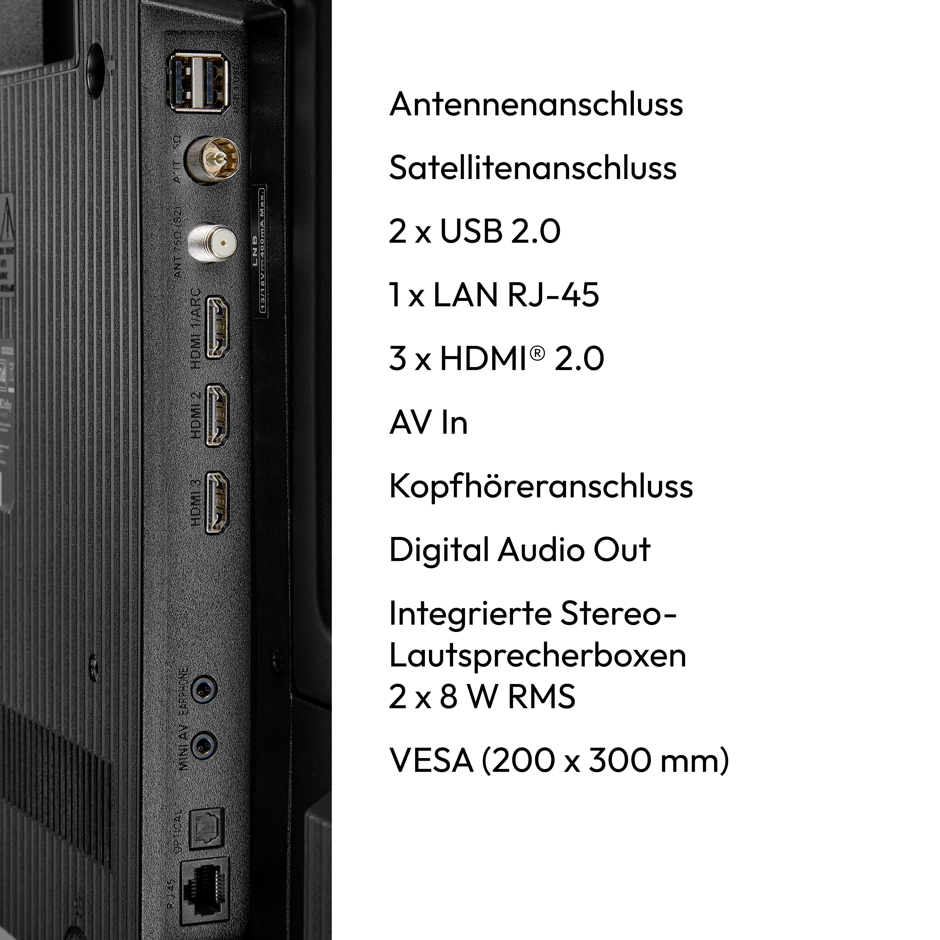 TV back panel with ports: antenna, satellite, USB, LAN, HDMI, AV, headphone, audio out, and speaker details.