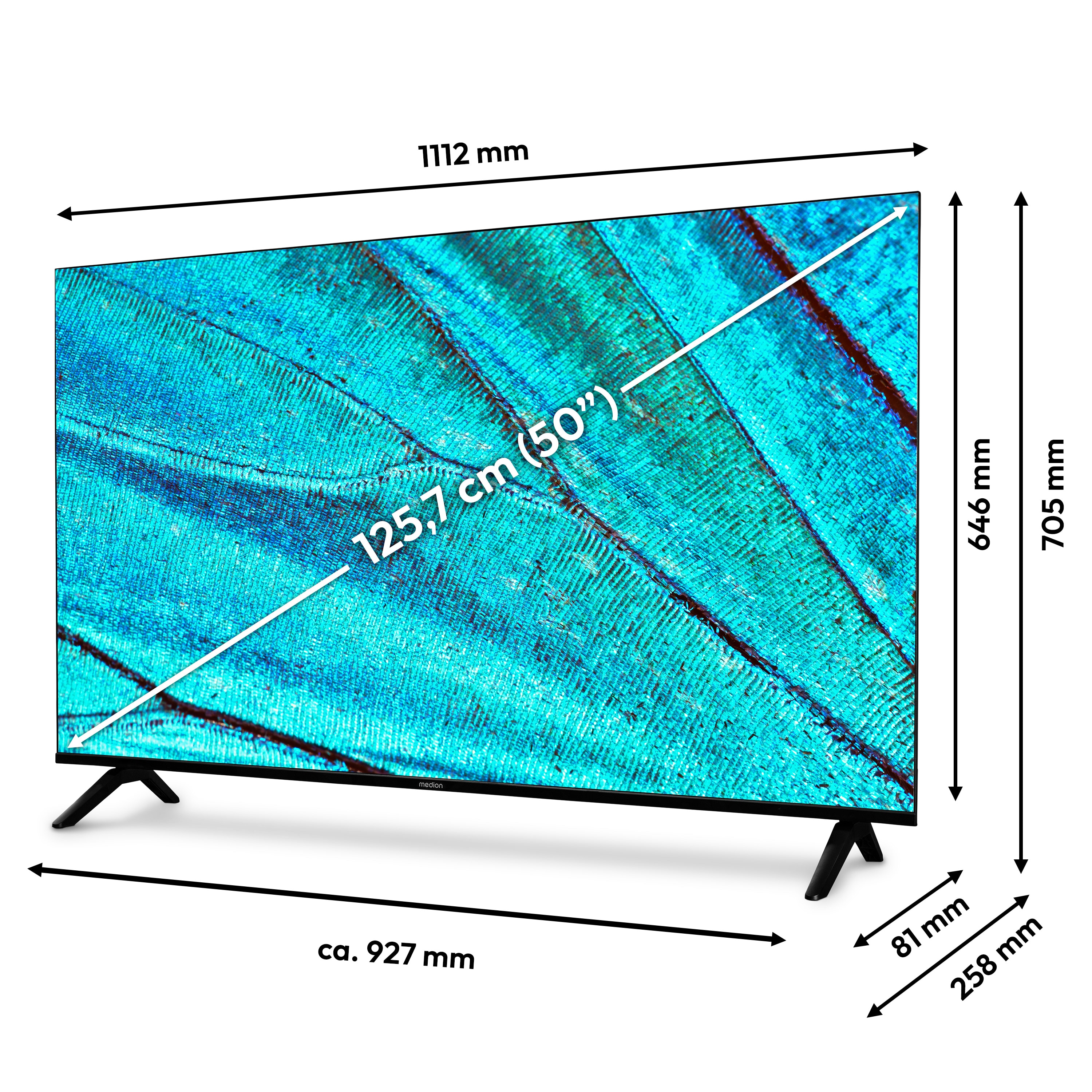 A TV screen displays a blue patterned image. Dimensions are shown: 1112mm, 125.7cm(50"), 646mm, 705mm, 81mm, 258mm, and ca. 927mm.