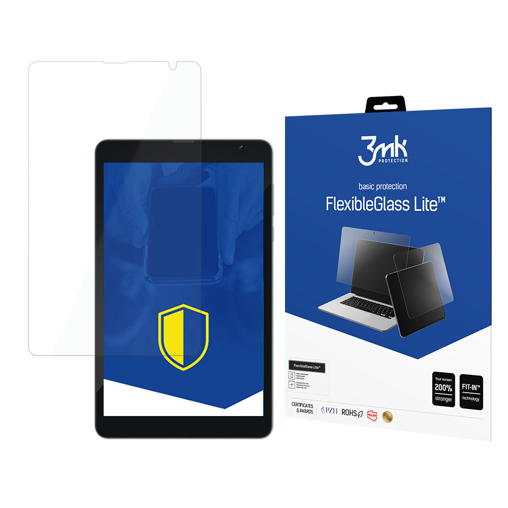 Un proteggi schermo per tablet, un tablet e una confezione del prodotto sono visualizzati. La scatola mostra una protezione per schermo per laptop e telefono.