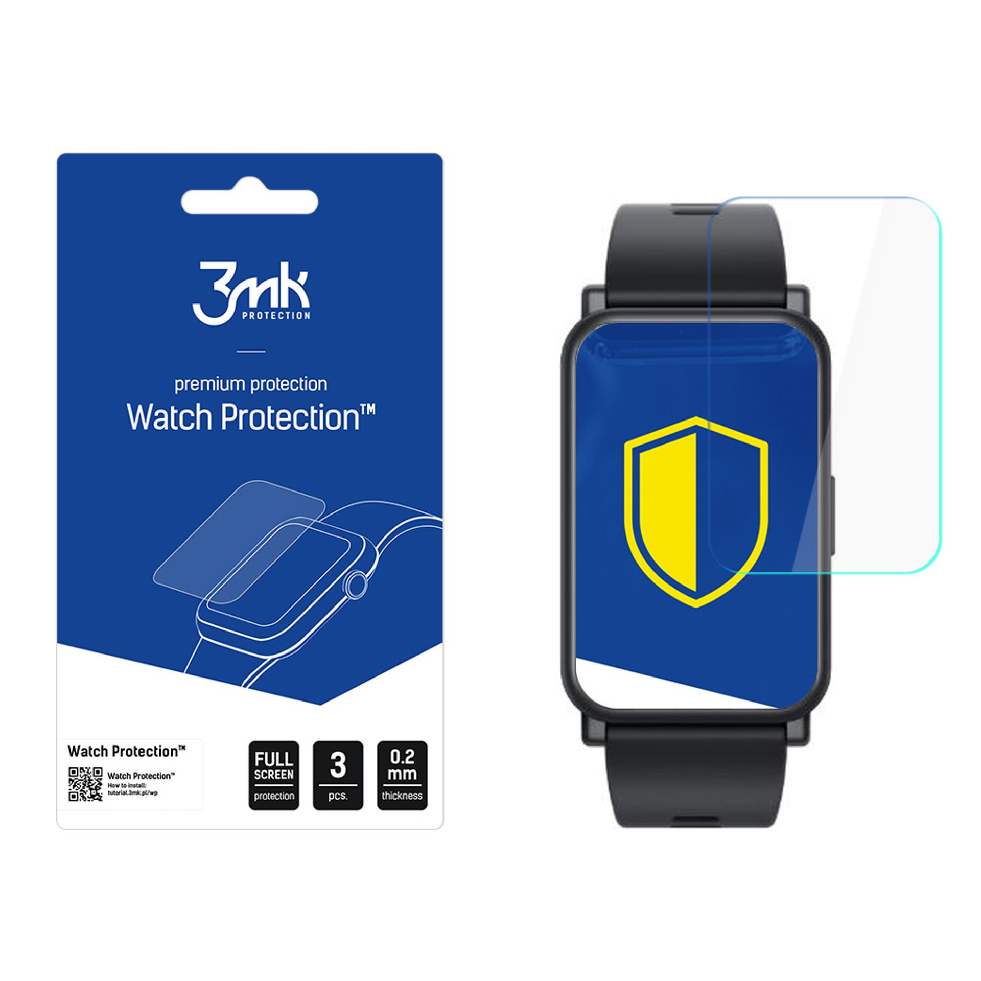 Una confezione di protezione schermo per orologio e uno smartwatch. La confezione è blu e presenta il logo del marchio. Uno scudo giallo è sullo schermo.
