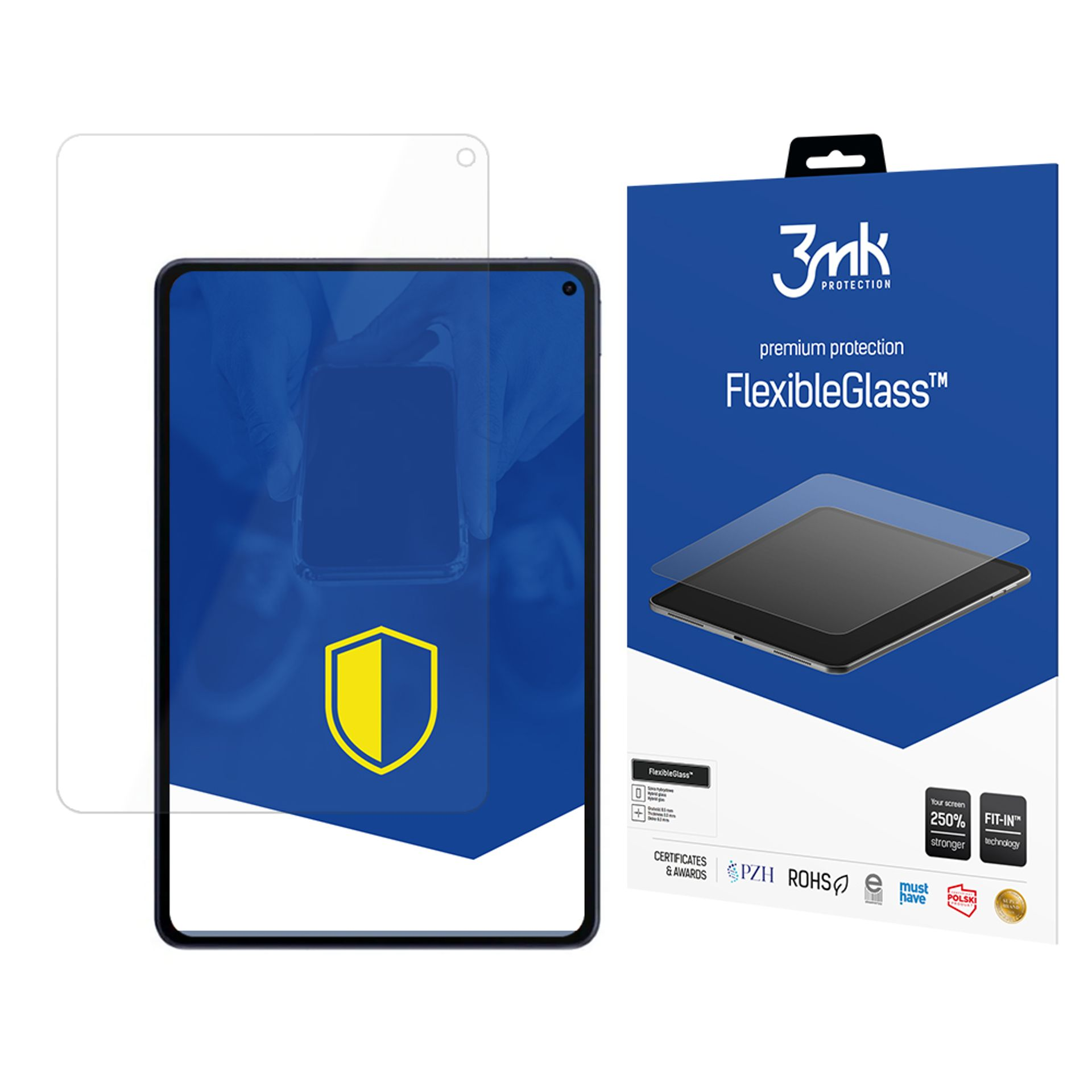 Un tablet con protezione schermo e una scatola di FlexibleGlass. La scatola è blu con testo bianco e un logo.