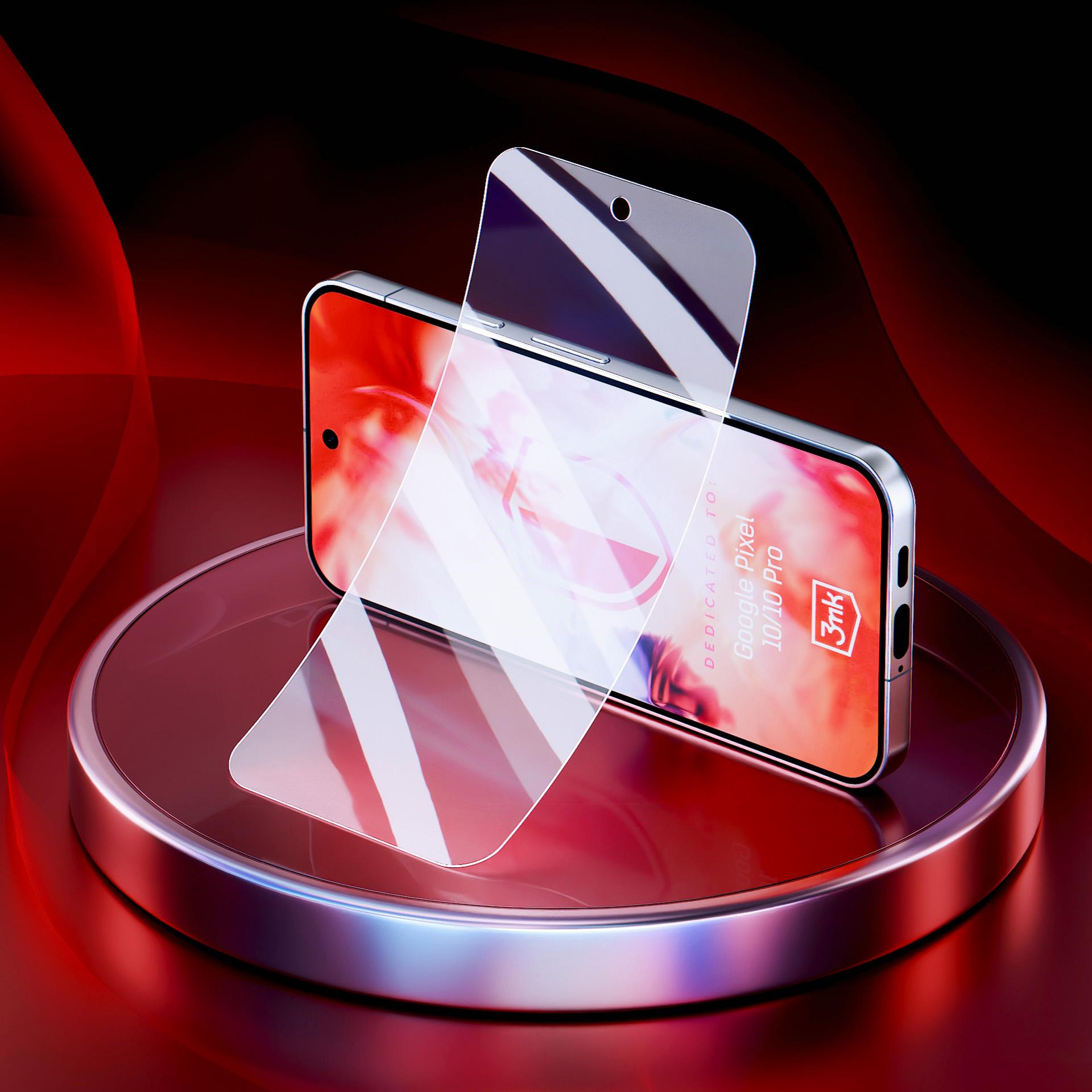 Telefon z ochraniaczem ekranu na czerwonej platformie. Tekst na ekranie. Czerwone tło.