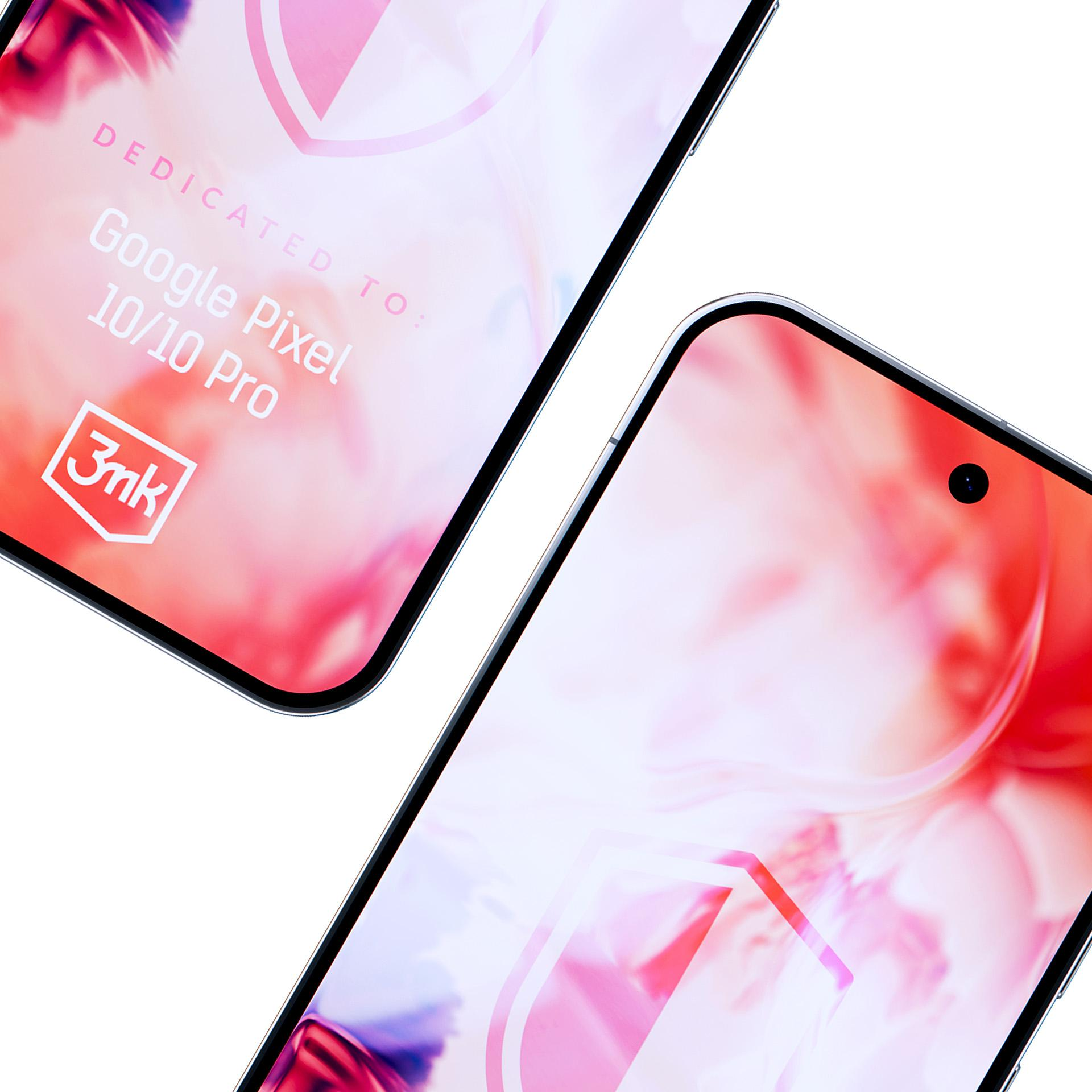 Dwa smartfony z ekranami wyświetlającymi różowe, białe i czerwone grafiki, dedykowane Google Pixel 10/10 Pro.