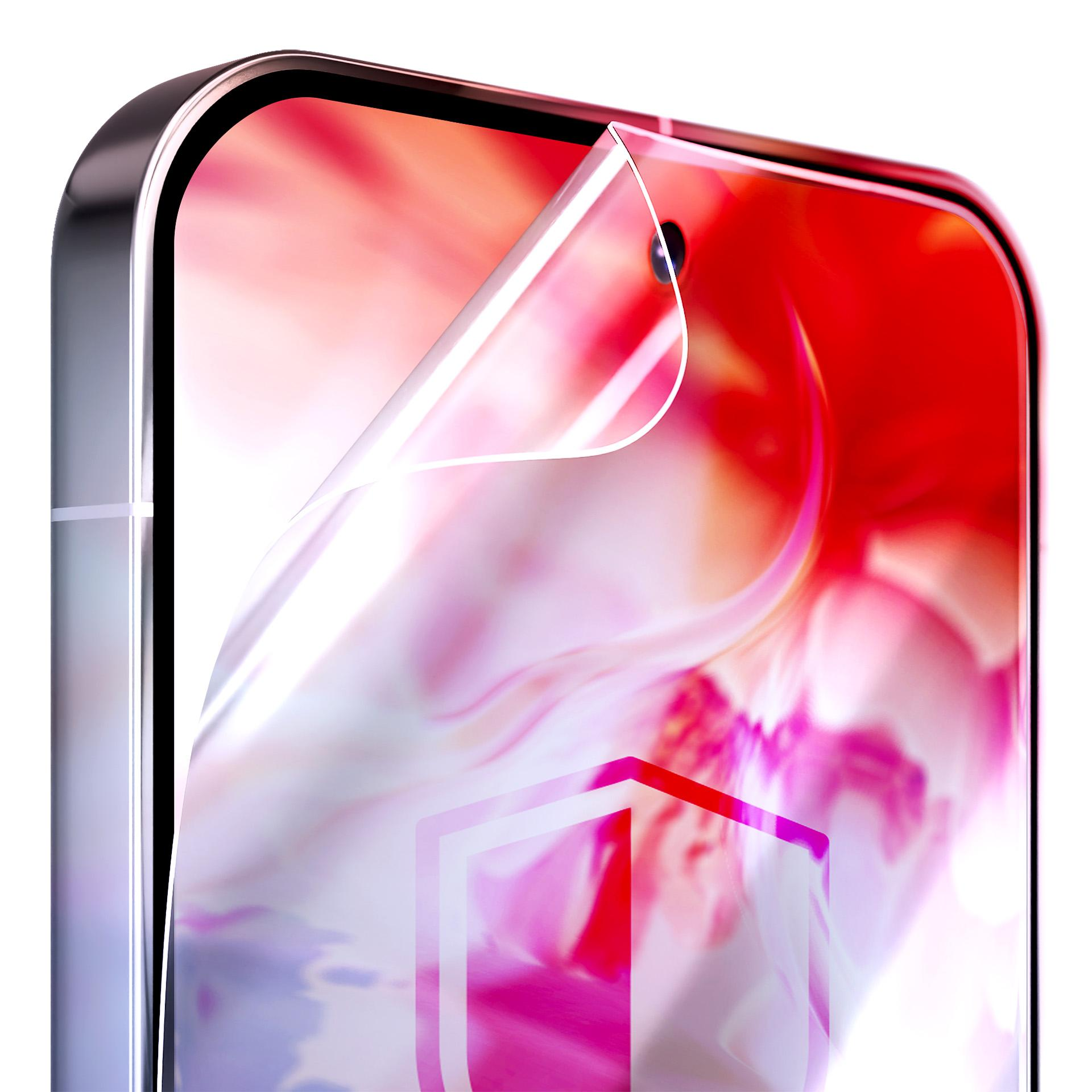 Ekran telefonu z odklejaną folią ochronną. Czerwone i różowe gradientowe tło. Ikona tarczy. Błyszcząca metalowa ramka.