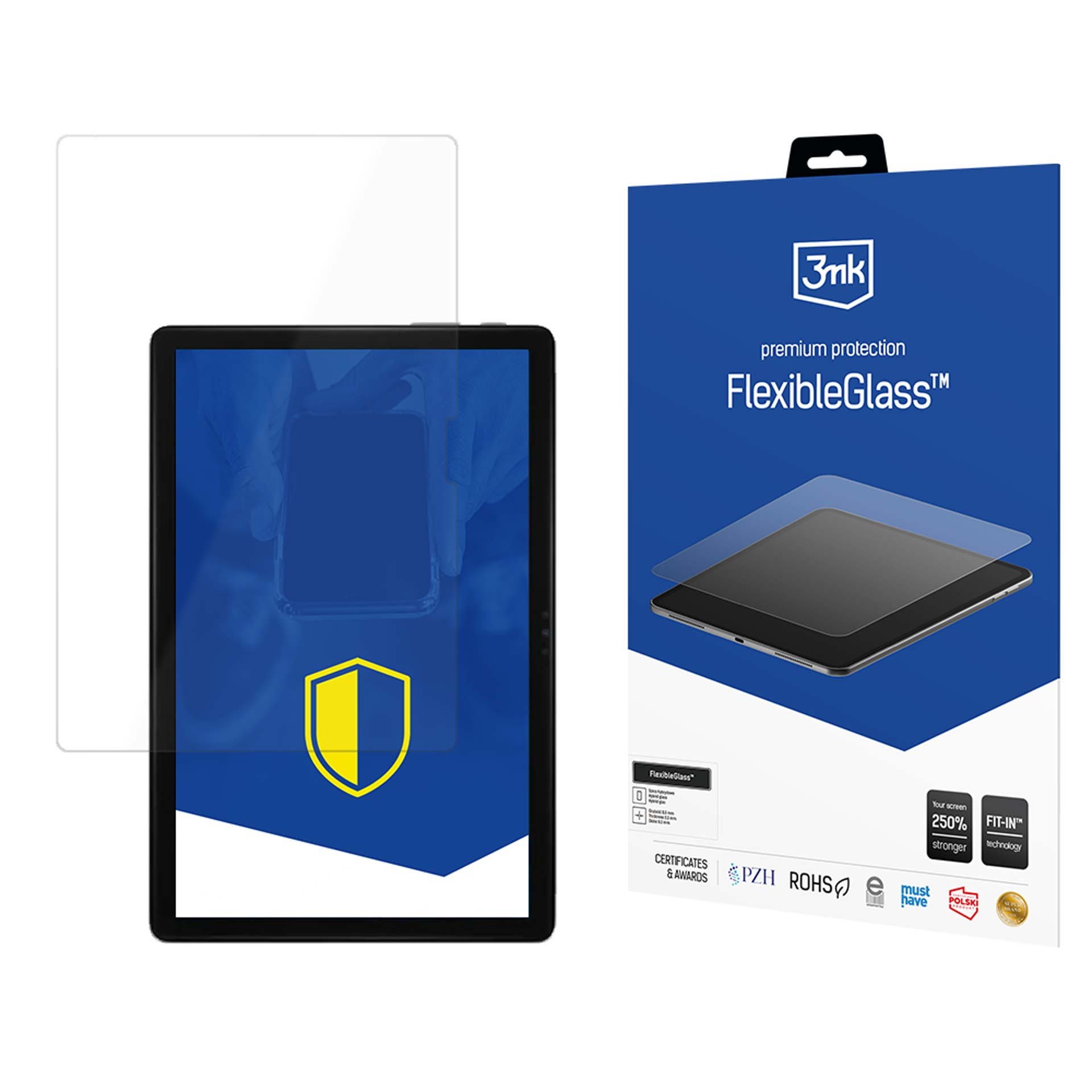 Un tablet con protezione schermo, una scatola con il nome FlexibleGlass e un'icona a scudo gialla sono visibili.