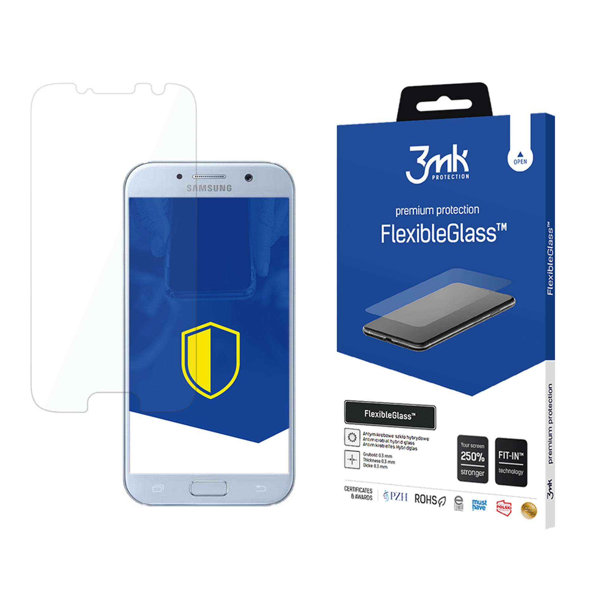 Un telefono e una protezione per lo schermo sono visualizzati. Sulla destra c'è una scatola blu con il marchio FlexibleGlass.