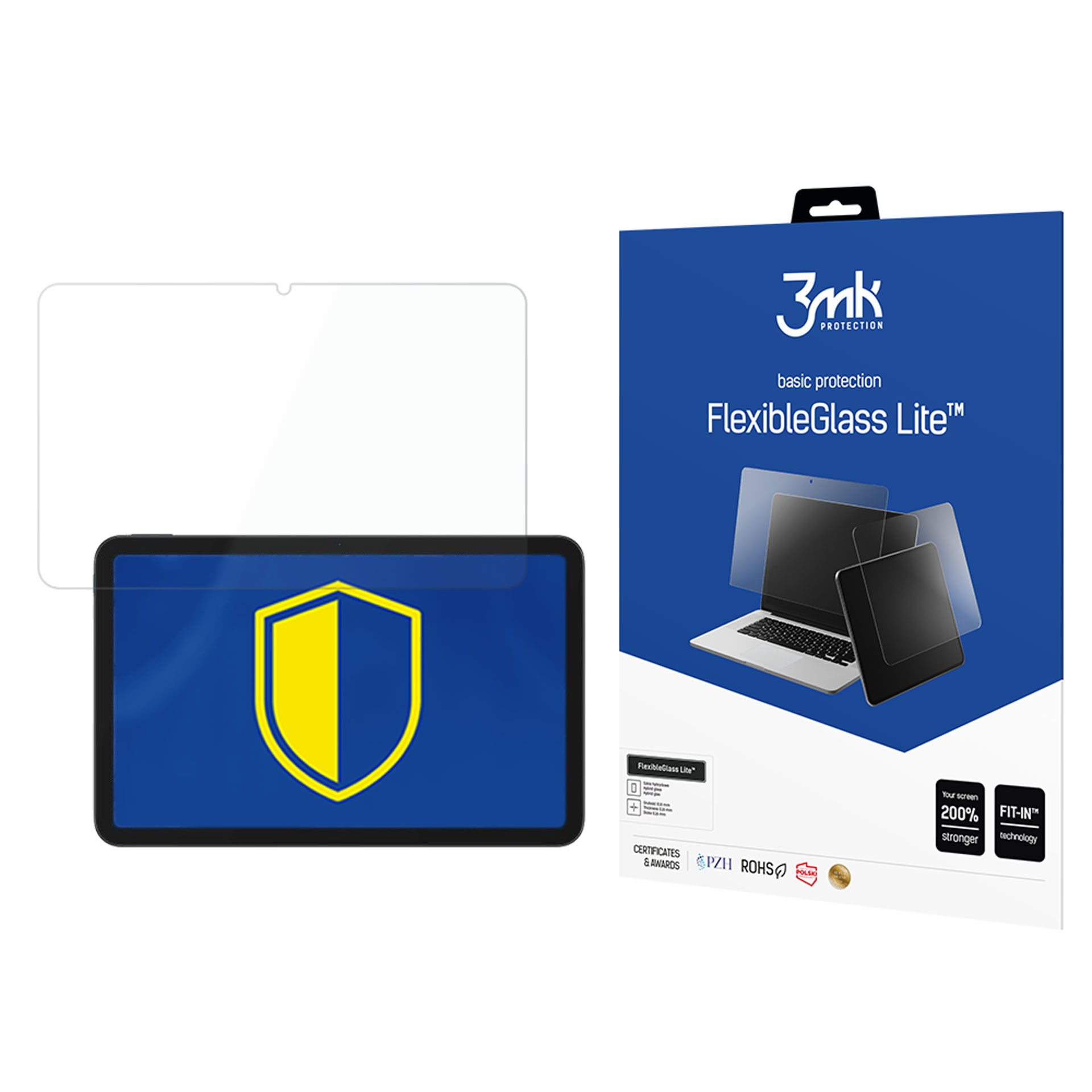 Un tablet con protezione schermo e una scatola uguale. La protezione ha uno scudo giallo su sfondo blu.