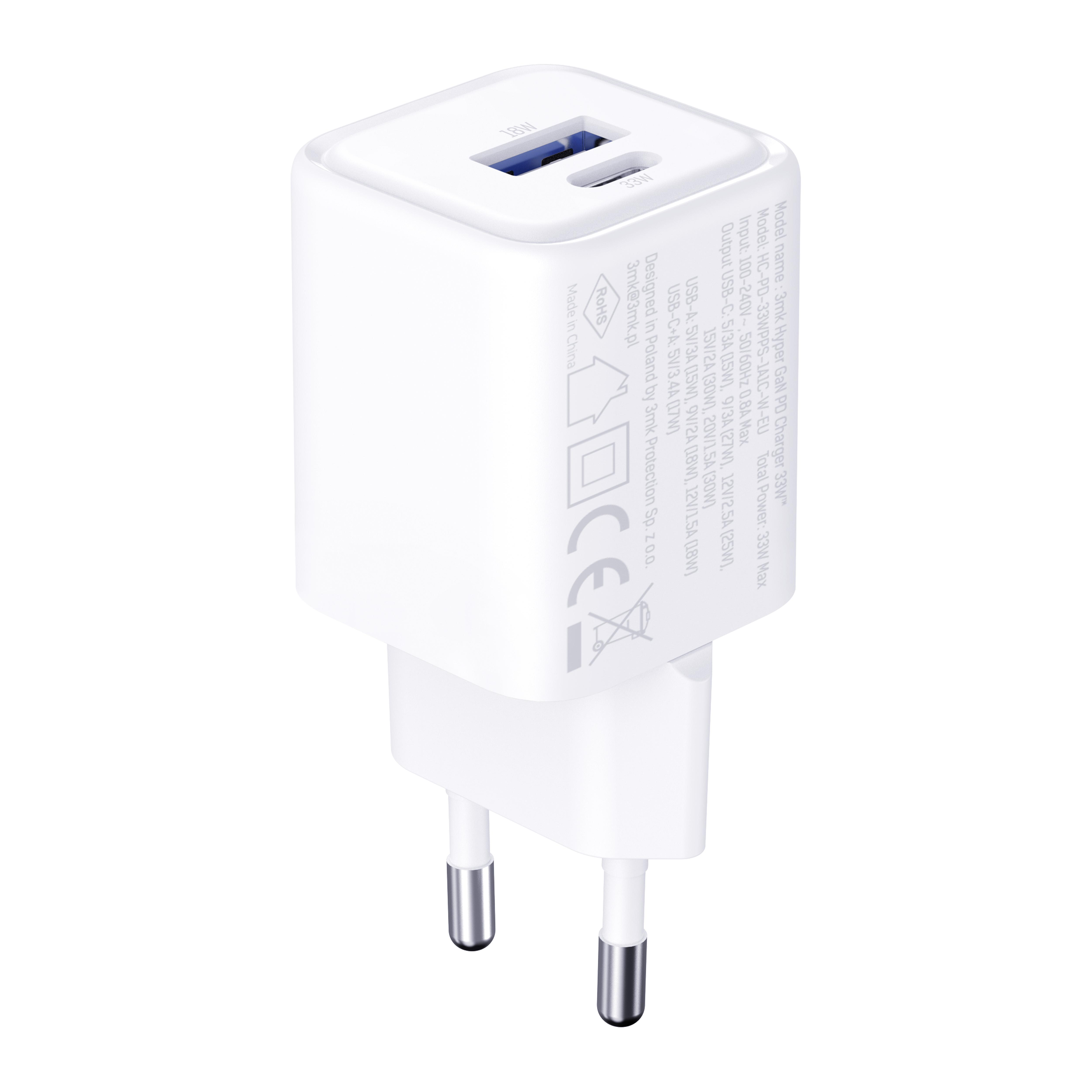 Biała ładowarka z dwoma portami USB, wtyczką i informacjami o produkcie.