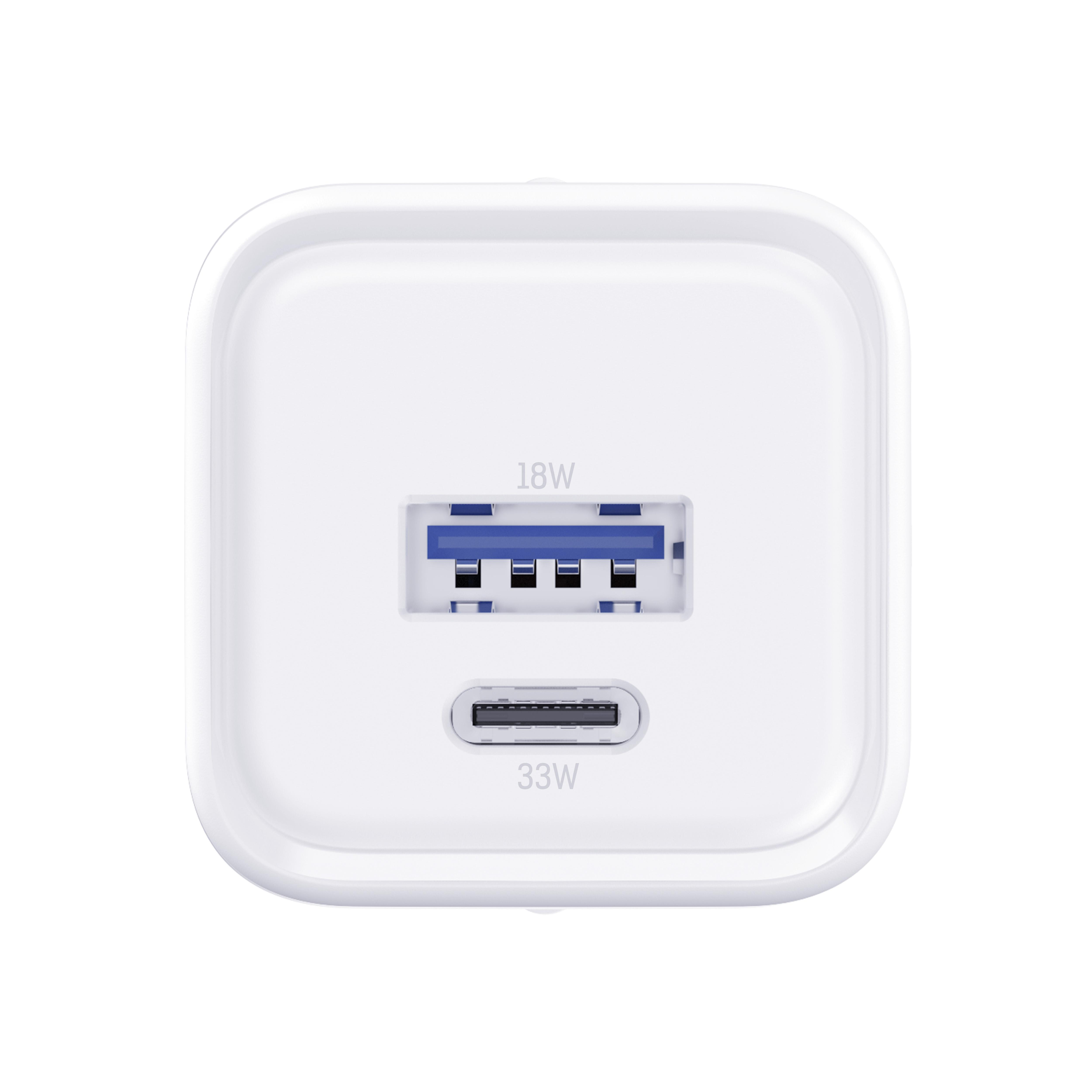 Biała ładowarka z dwoma portami. Górny port ma 18W, dolny 33W. Oba porty są czarne.