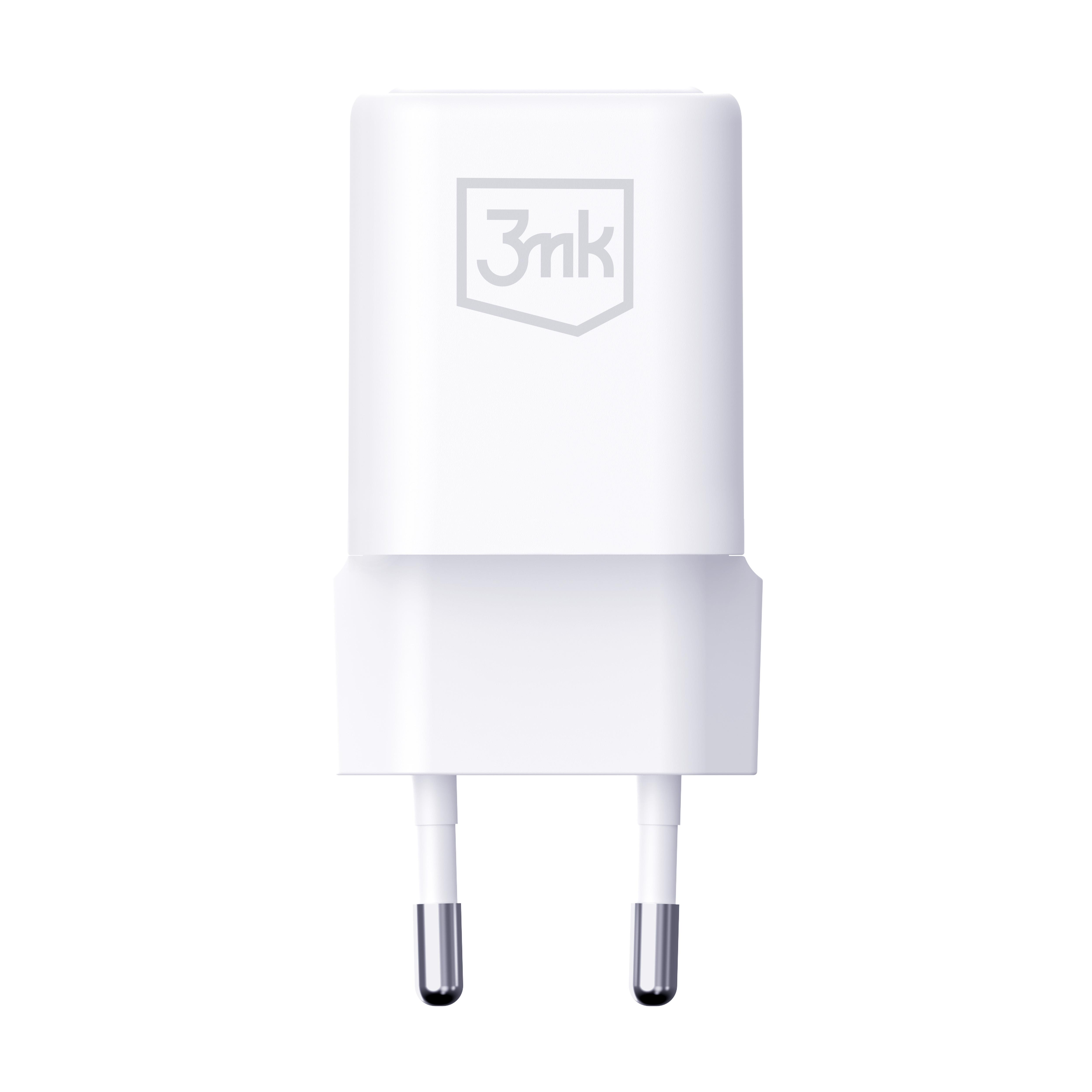 Biała ładowarka 3mk z logo 3mk. Ma dwa srebrne bolce do włożenia do gniazdka.