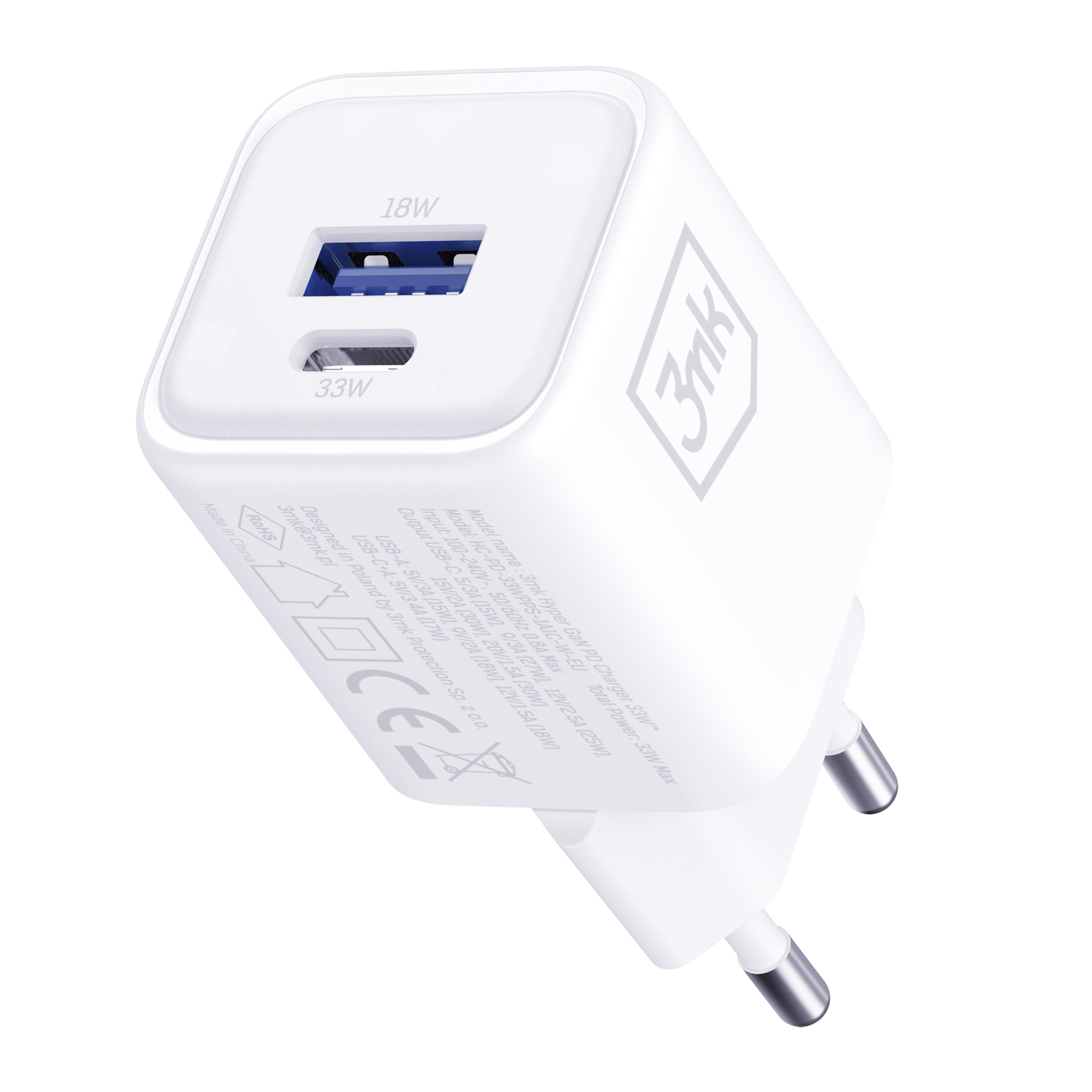 Biały zasilacz z niebieskimi portami USB i szczegółami tekstowymi. Ma dwa bolce do gniazdka.