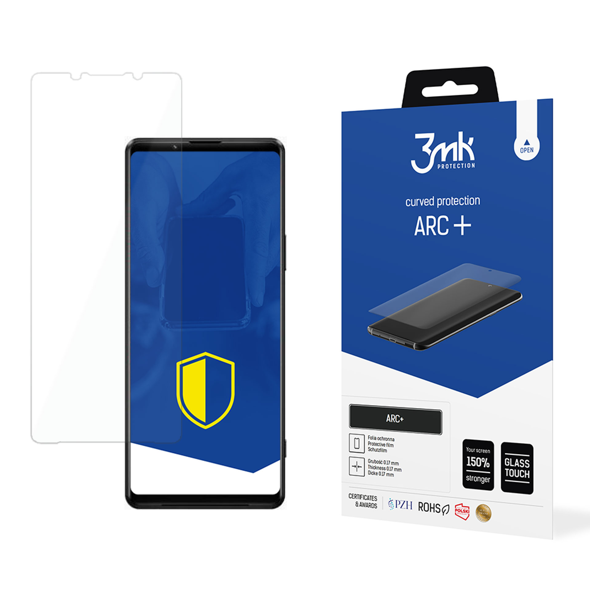 Un proteggi schermo con un telefono e la sua scatola. La scatola è blu e bianca con il marchio 3mk.