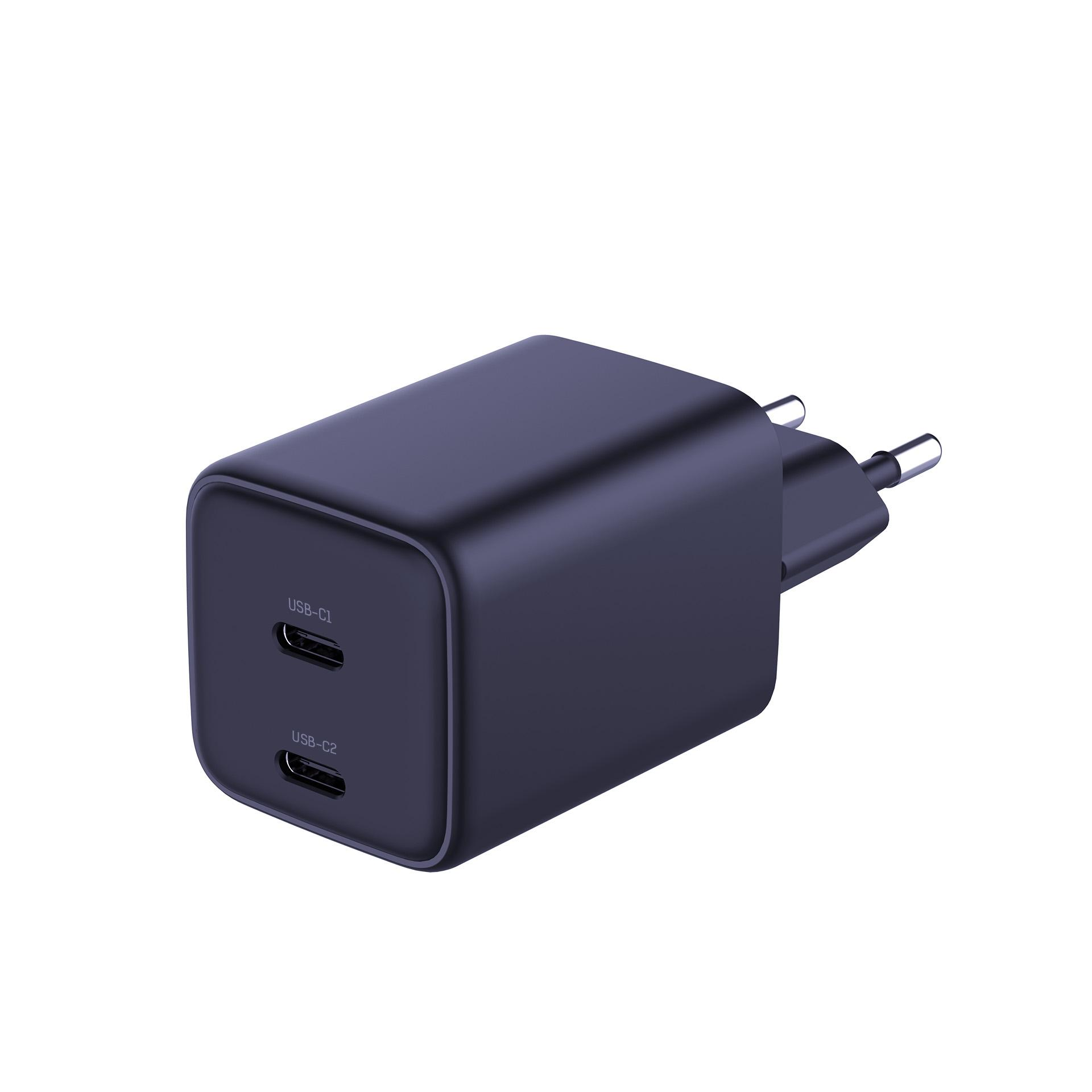 Ciemnoniebieska ładowarka USB z dwoma portami, USB-C1 i USB-C2, oraz wtyczką dwupinową.