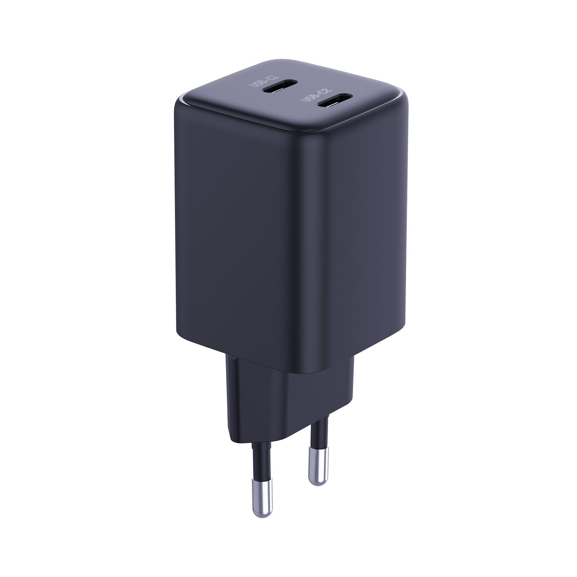 Ciemnoszara ładowarka USB z dwoma portami USB-C i wtyczką europejską.