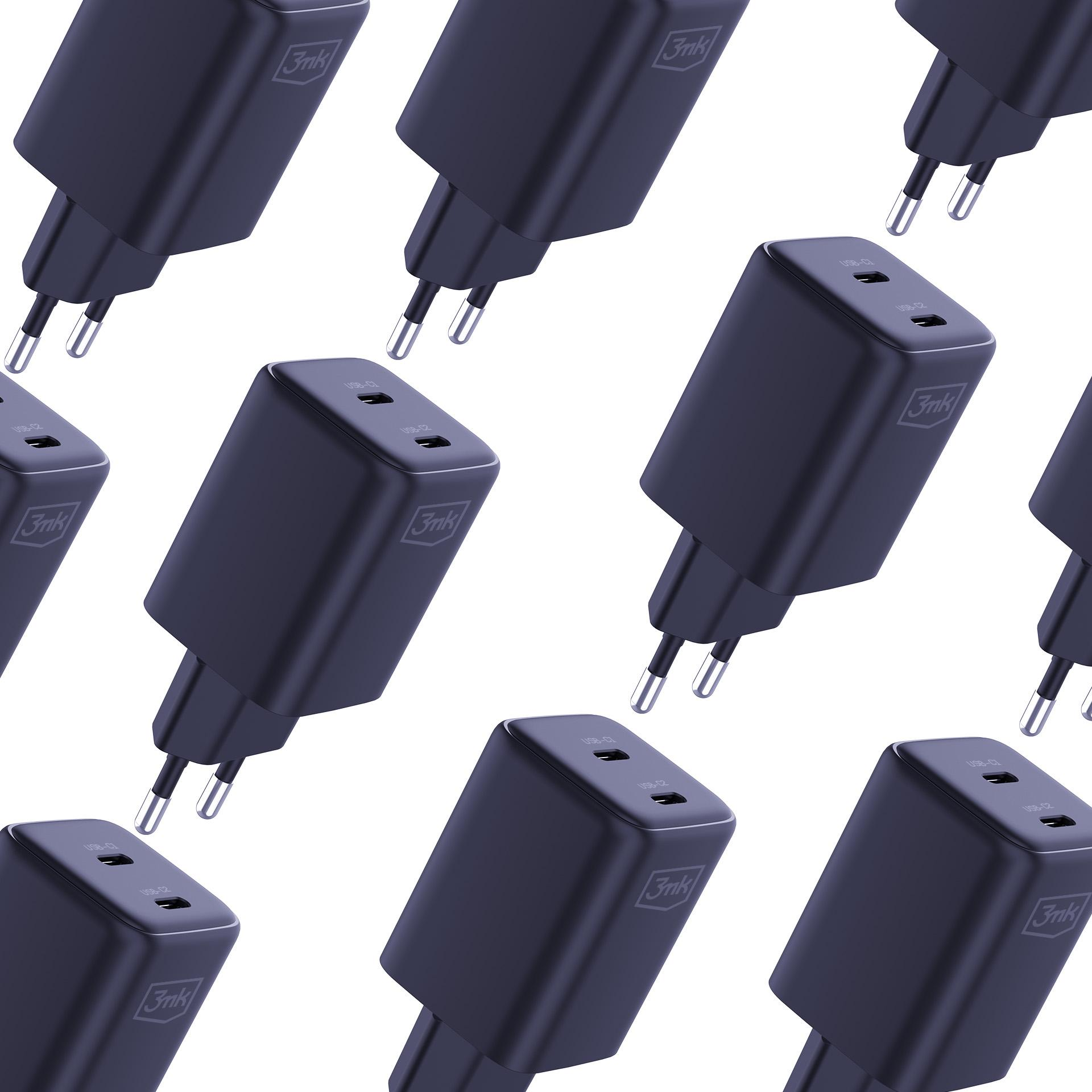 Wzór ciemnoniebieskich ładowarek USB z dwoma bolcami i portami USB-C na białym tle.