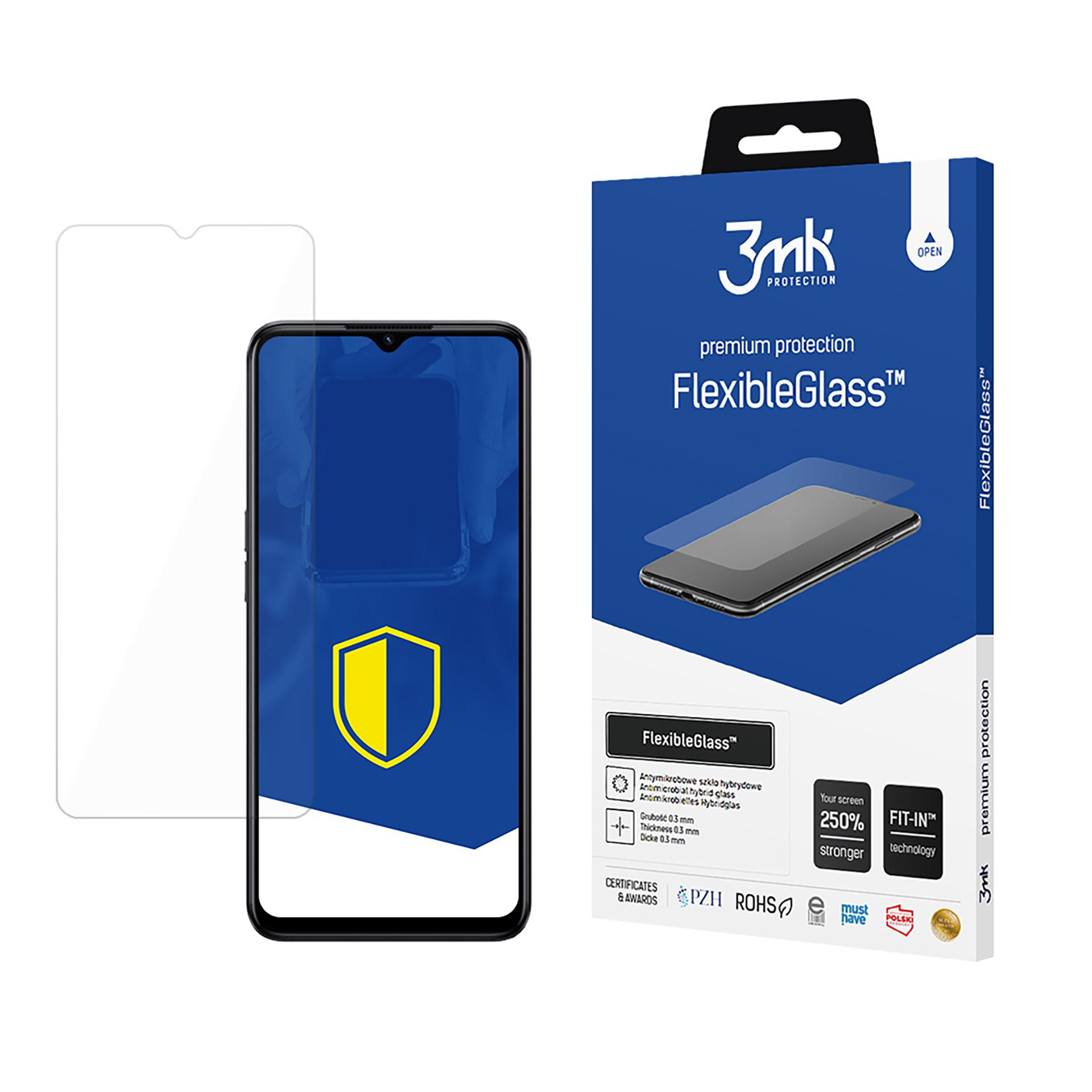 Un proteggi schermo e un telefono con una scatola. La scatola pubblicizza il prodotto 'FlexibleGlass'.