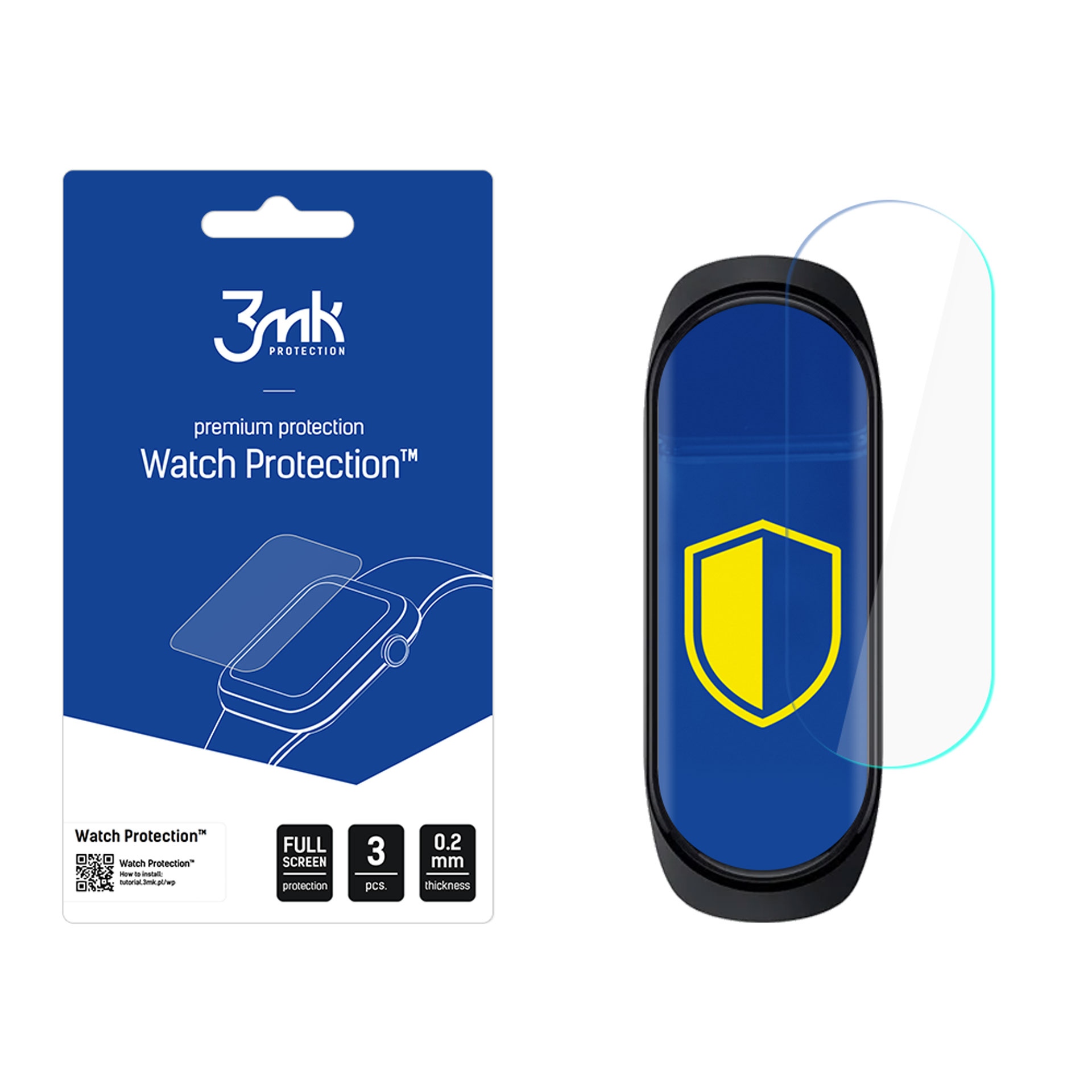 Una confezione di protezione schermo per orologio. Ha uno sfondo blu con dettagli del prodotto e un proteggi schermo per smartwatch.