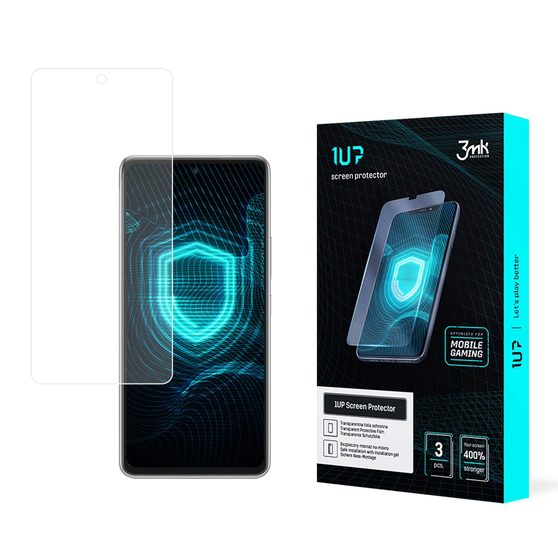 Un telefono con protezione schermo, la scatola mostra protezione e telefono, sfondo blu e nero, ottimizzato per il gaming mobile.