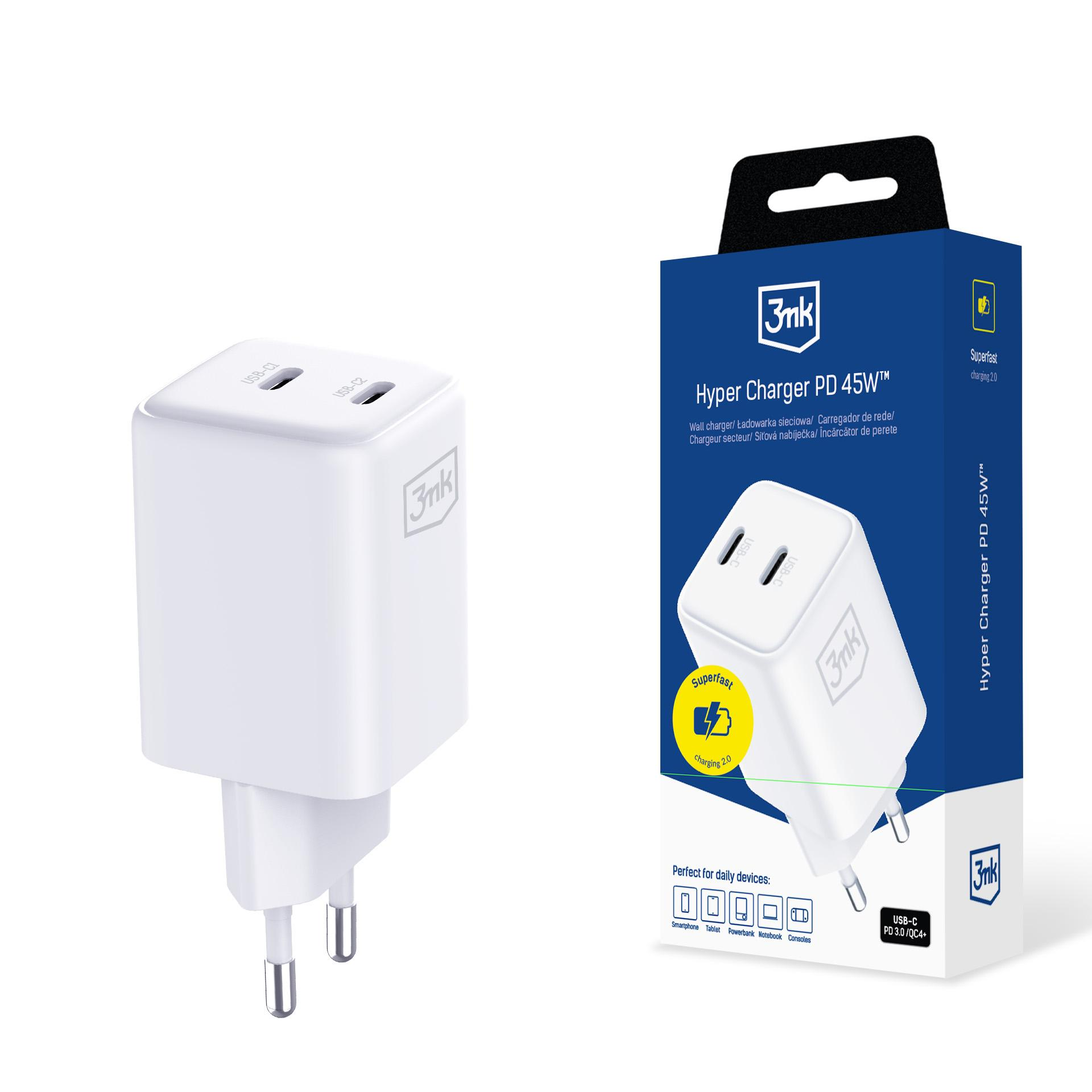Biała ładowarka 3mk Hyper Charger PD 45W. Posiada dwa porty USB-C i jest w opakowaniu. Pudełko jest niebiesko-czarne.