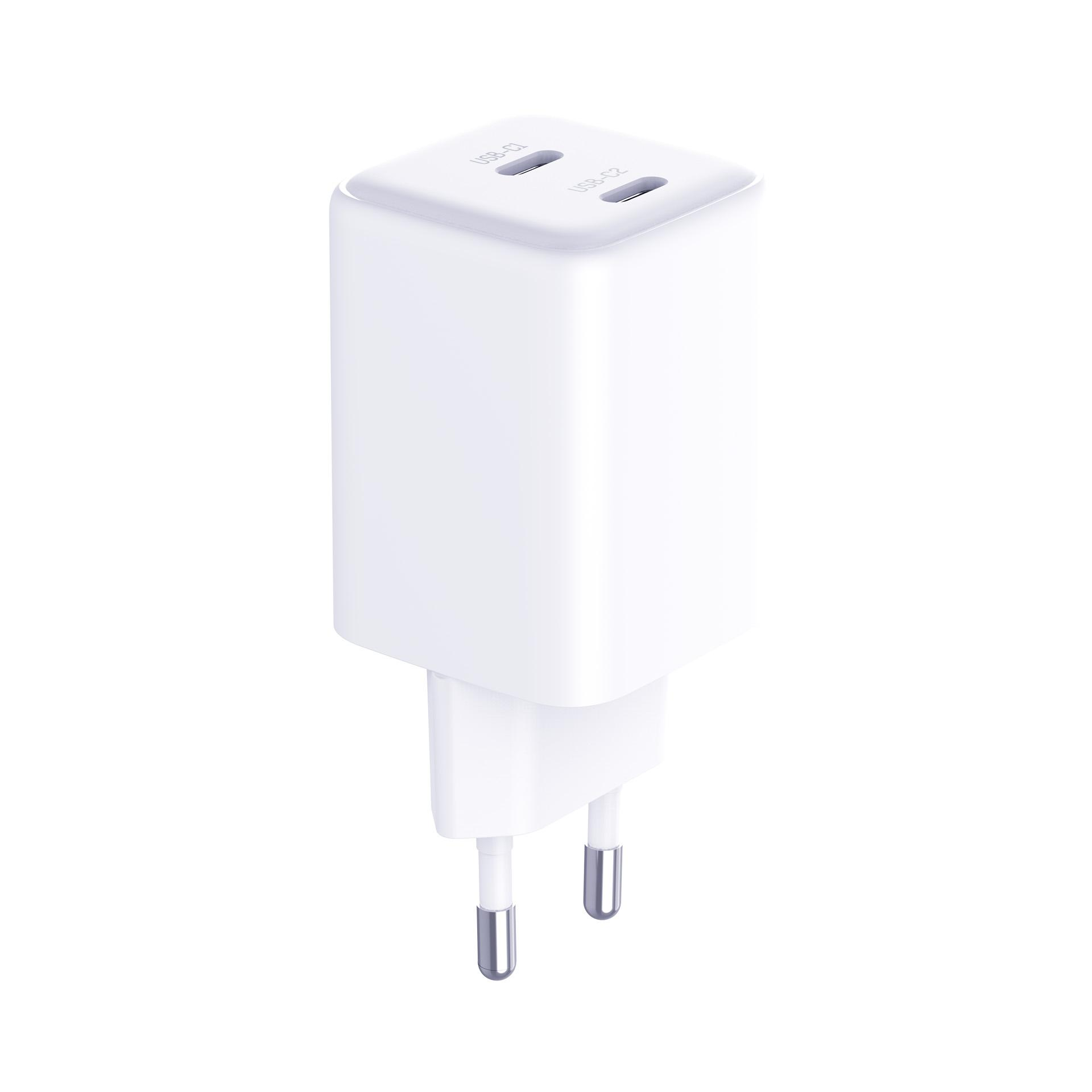 Biała ładowarka USB z dwoma portami oznaczonymi USB-C1 i USB-C2. Posiada dwa bolce do gniazd europejskich.