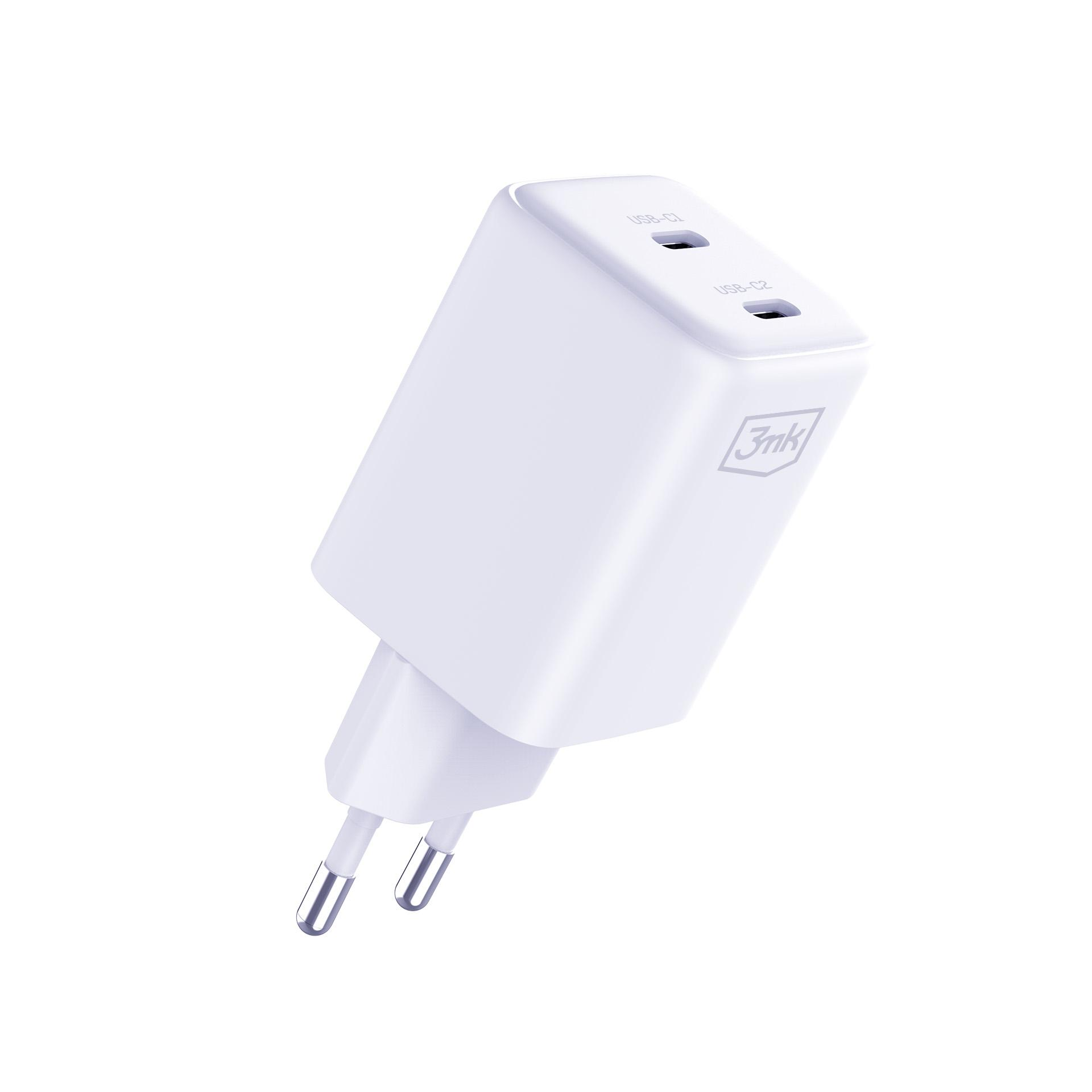 Biała ładowarka USB z dwoma portami oznaczonymi USB-C1 i USB-C2. Posiada wtyczkę z dwoma bolcami.
